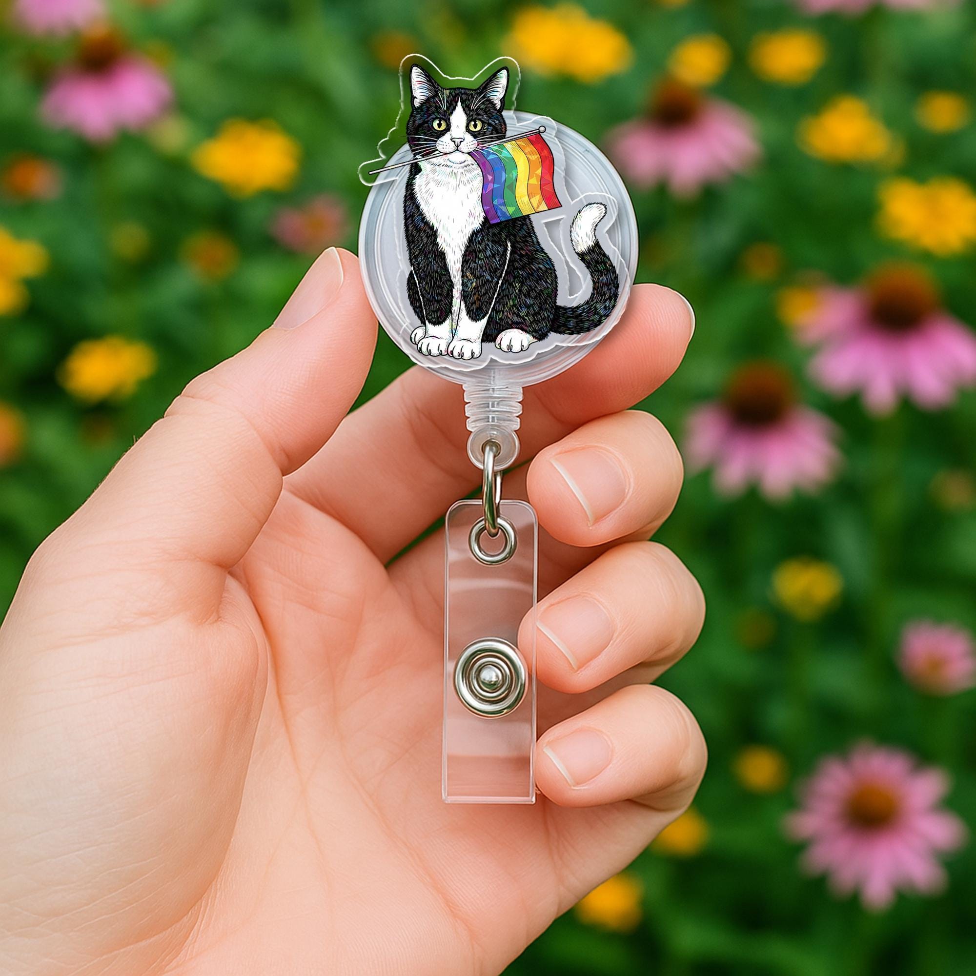 Pride Cat Badge Reel | LGBTQ+ Tuxedo Cat ID Holder with Rainbow Flag | Cute Nurse Badge Clip | Queer Vet Tech Accessory