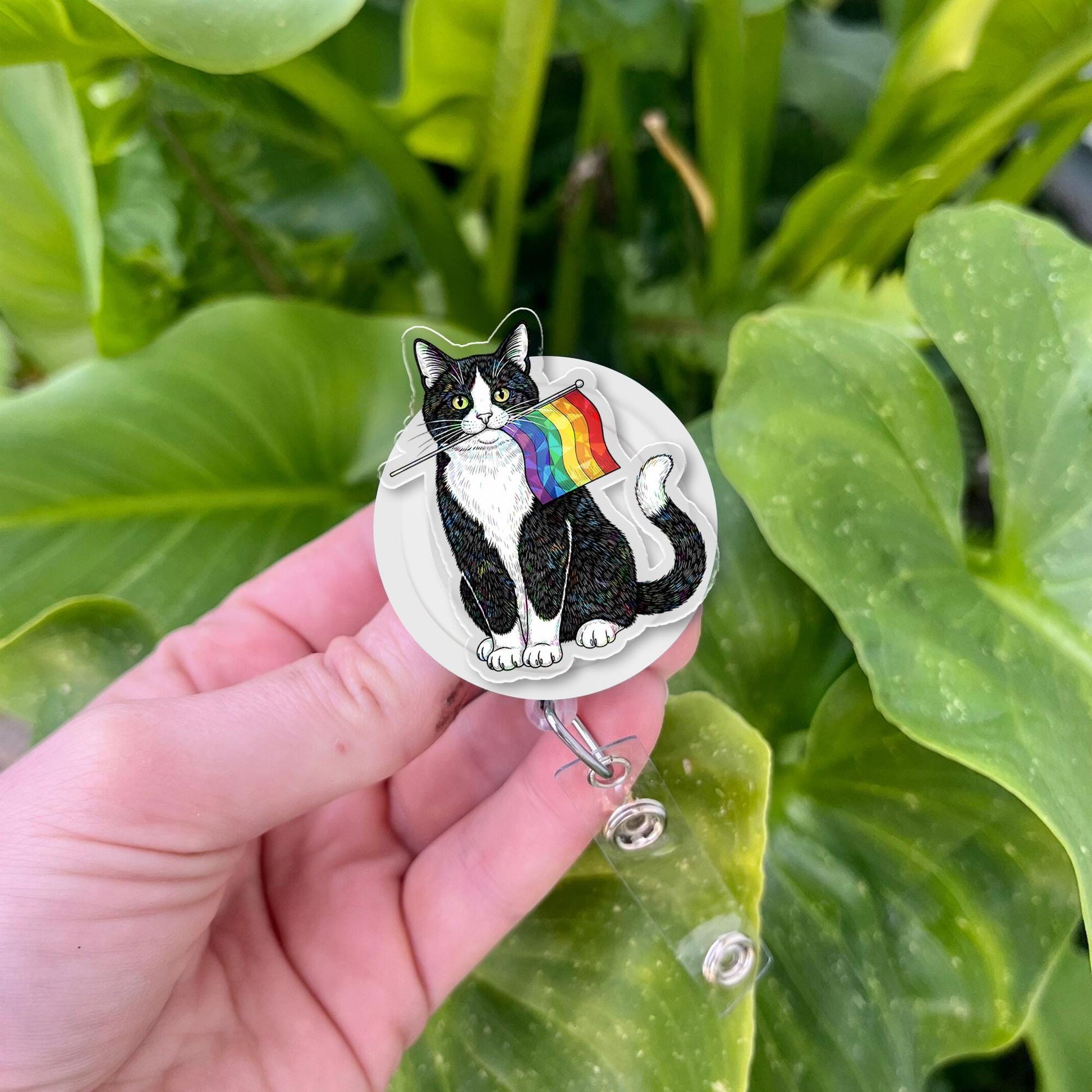 Pride Cat Badge Reel | LGBTQ+ Tuxedo Cat ID Holder with Rainbow Flag | Cute Nurse Badge Clip | Queer Vet Tech Accessory