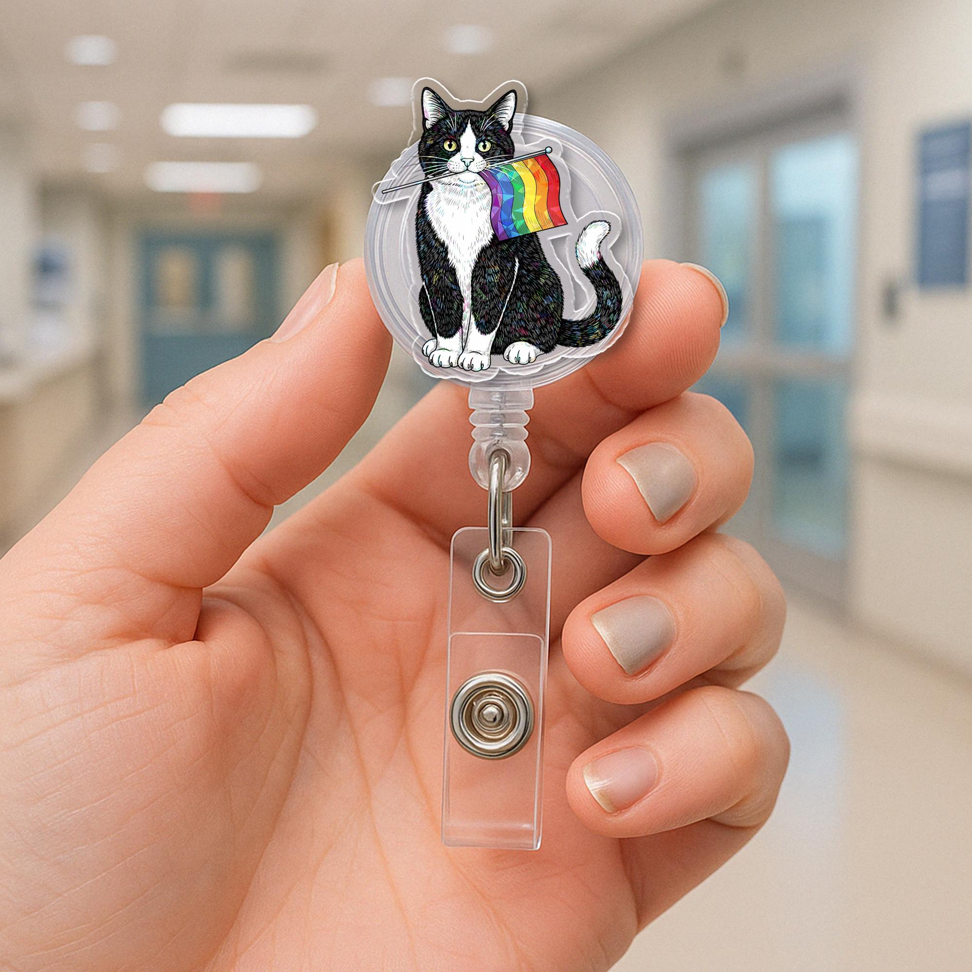 Pride Cat Badge Reel | LGBTQ+ Tuxedo Cat ID Holder with Rainbow Flag | Cute Nurse Badge Clip | Queer Vet Tech Accessory