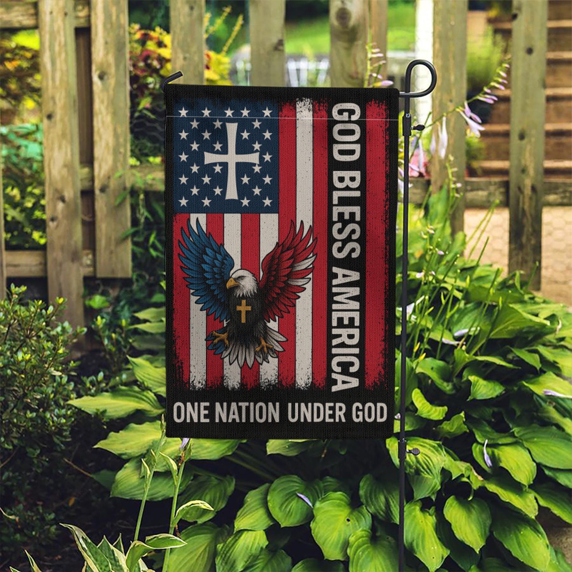 God Bless America Patriotic Garden Flag | Christian Outdoor Flag with Cross & Eagle | One Nation Under God Yard Decor