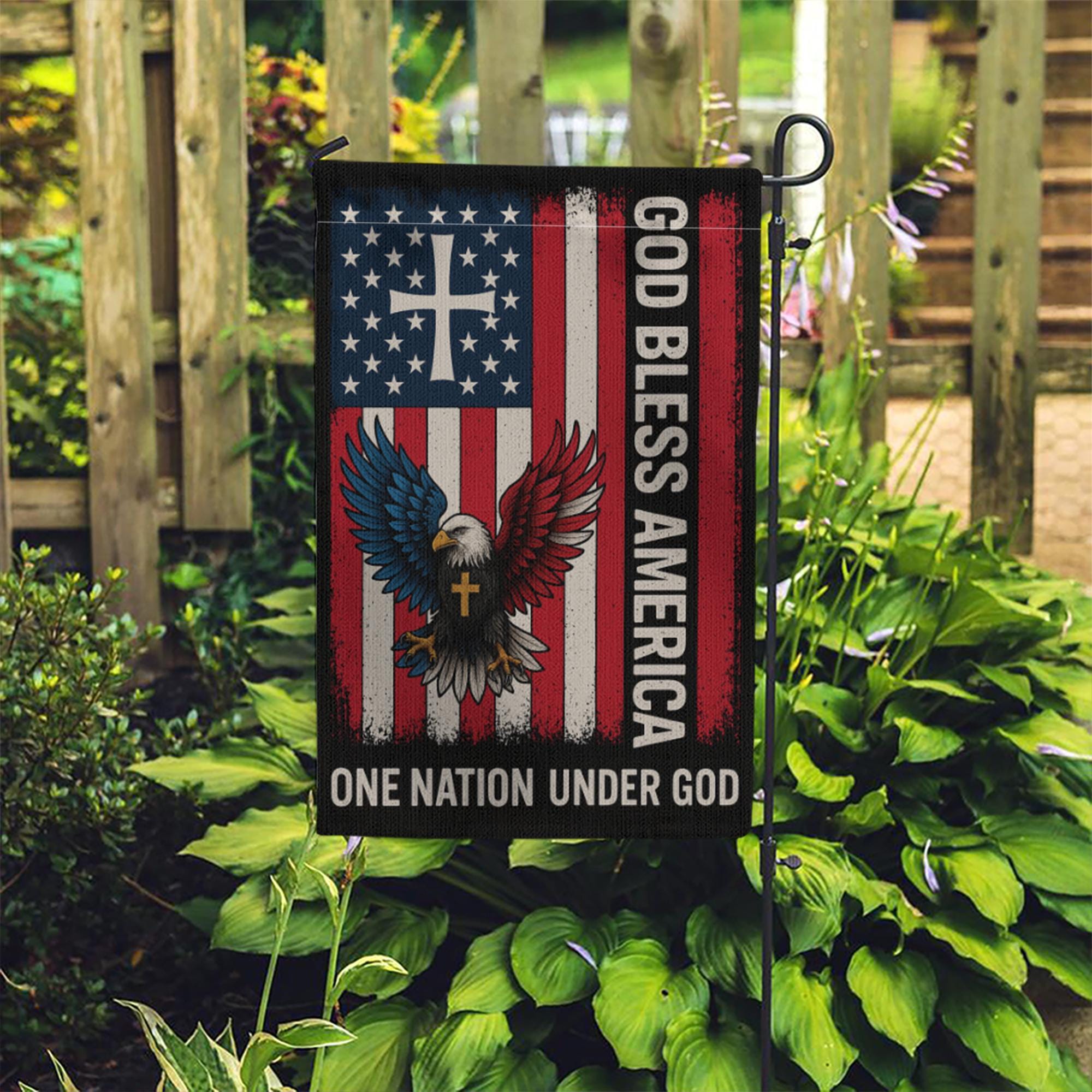 God Bless America Patriotic Garden Flag | Christian Outdoor Flag with Cross & Eagle | One Nation Under God Yard Decor