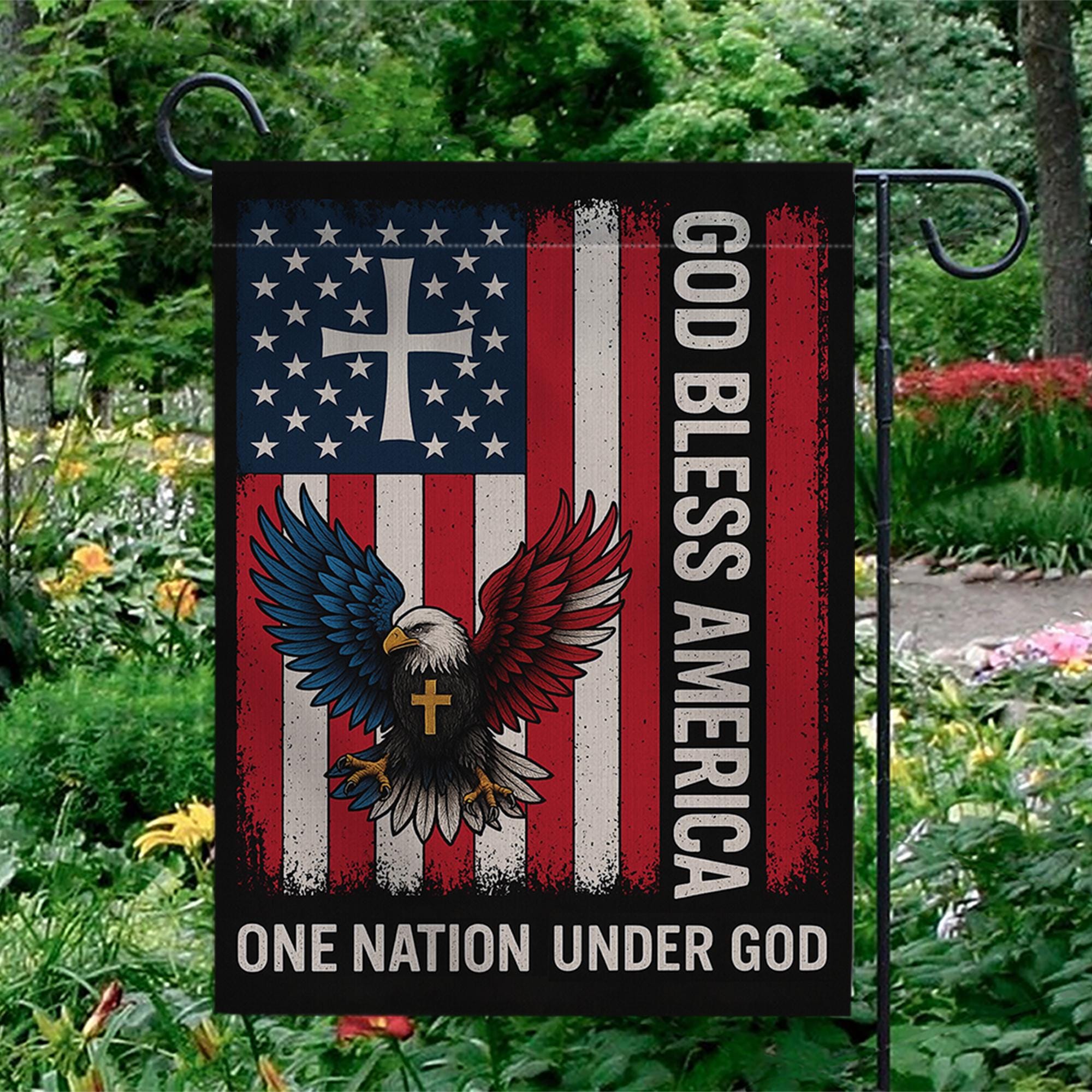 God Bless America Patriotic Garden Flag | Christian Outdoor Flag with Cross & Eagle | One Nation Under God Yard Decor