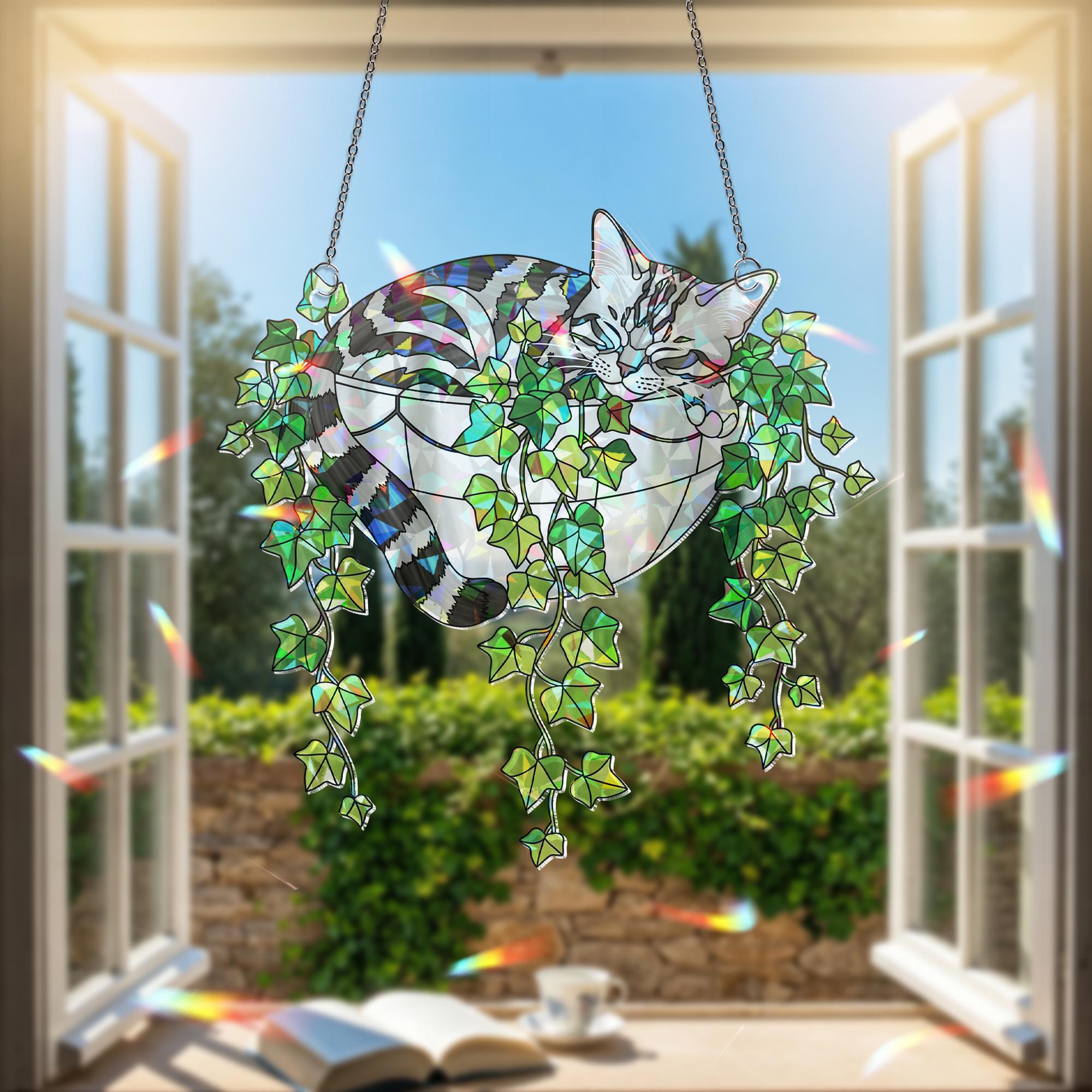 American Shorthair Cat Sleeping on Ivy Hologram ACRYLIC Window Hanging, Plant Lover Gift, Ivy Plants Decor, Cat Decor, Gift For Mom, Cat Mom