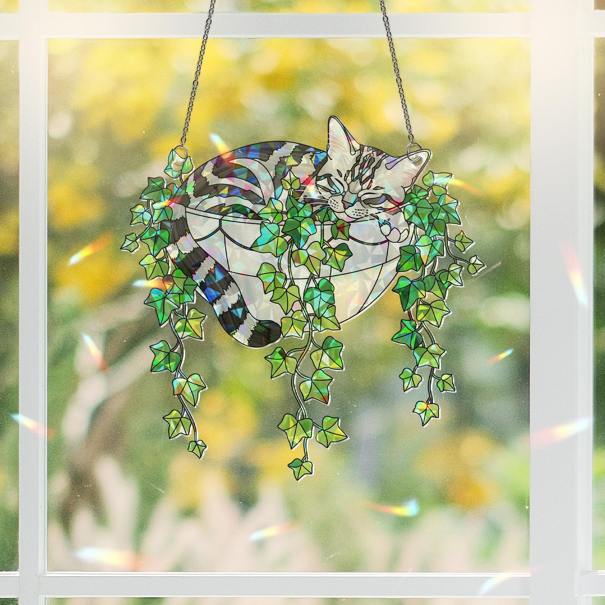 American Shorthair Cat Sleeping on Ivy Hologram ACRYLIC Window Hanging, Plant Lover Gift, Ivy Plants Decor, Cat Decor, Gift For Mom, Cat Mom