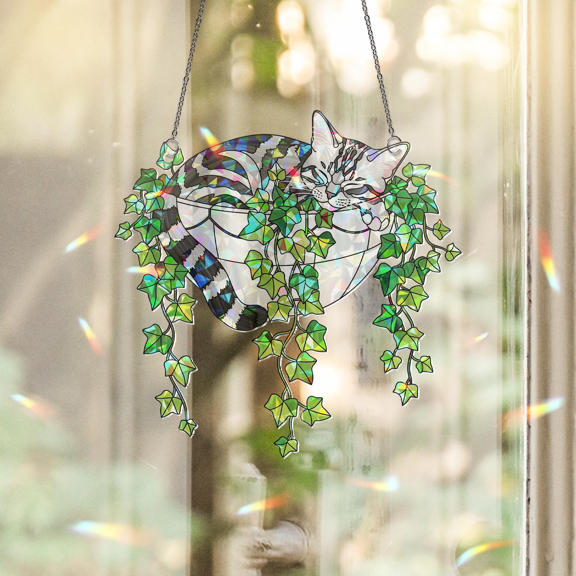 American Shorthair Cat Sleeping on Ivy Hologram ACRYLIC Window Hanging, Plant Lover Gift, Ivy Plants Decor, Cat Decor, Gift For Mom, Cat Mom