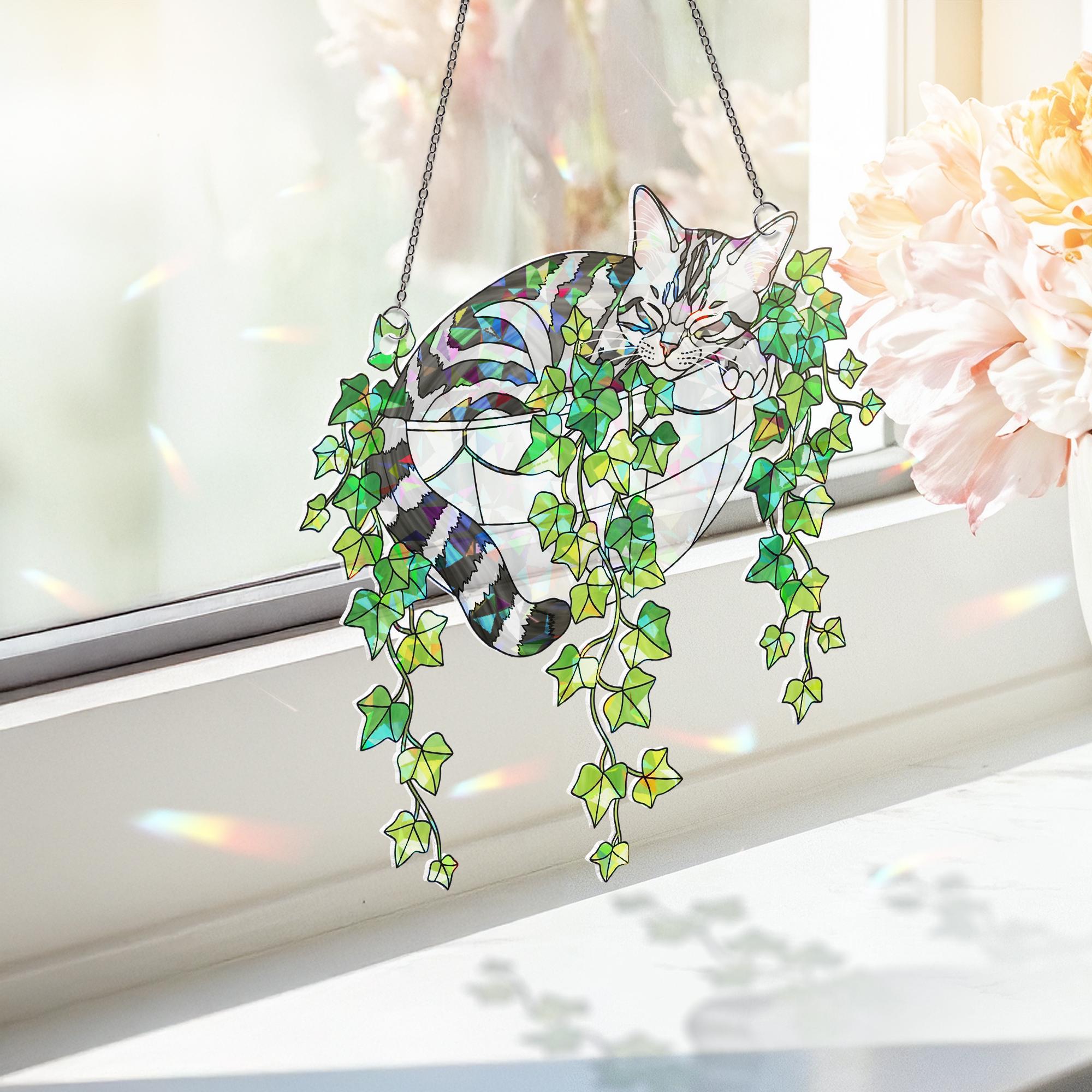 American Shorthair Cat Sleeping on Ivy Hologram ACRYLIC Window Hanging, Plant Lover Gift, Ivy Plants Decor, Cat Decor, Gift For Mom, Cat Mom