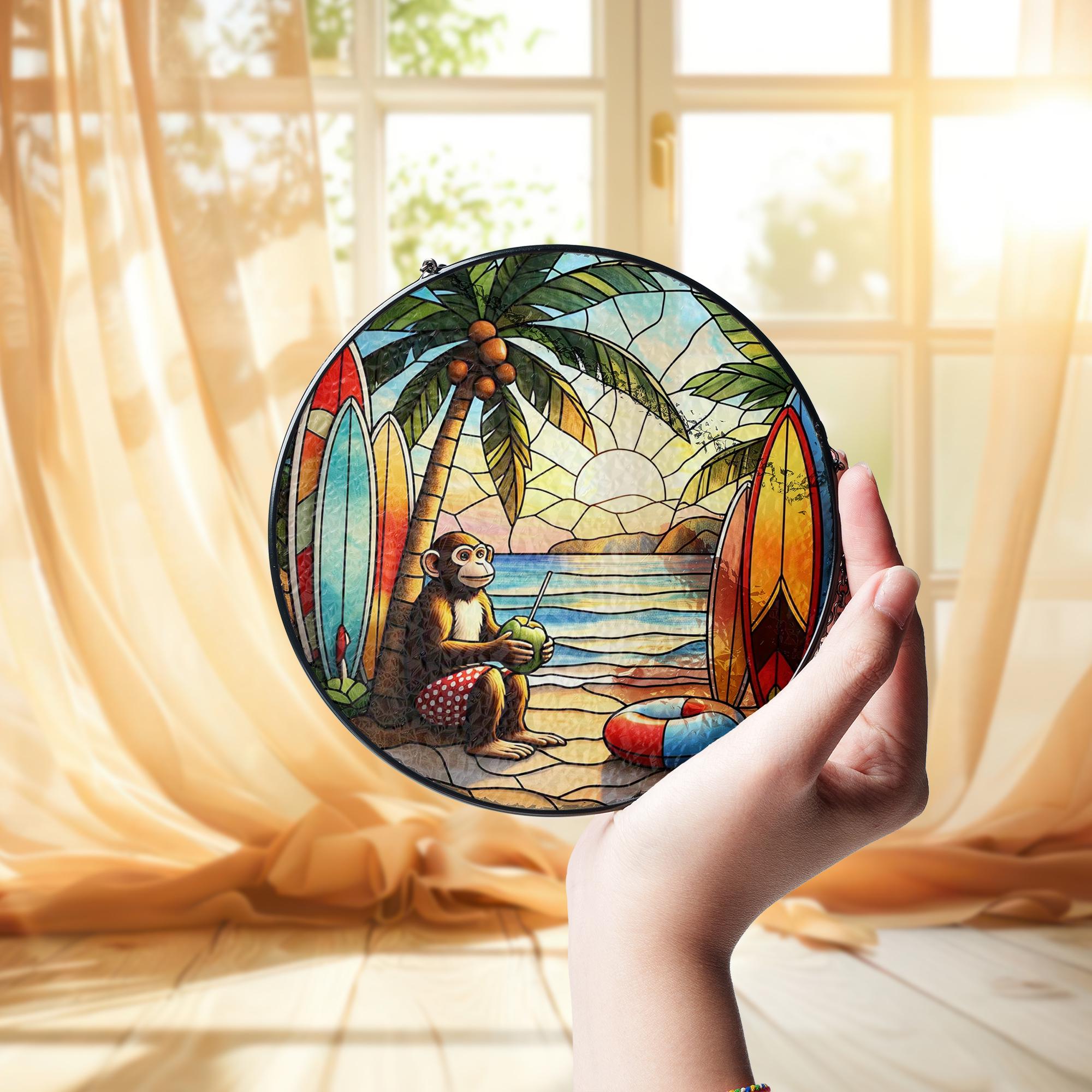 Tropical Beach Monkey Glass Suncatcher | Surfboard Sunset Window Hanging | Fun Animal Ocean Decor for Summer Vibes