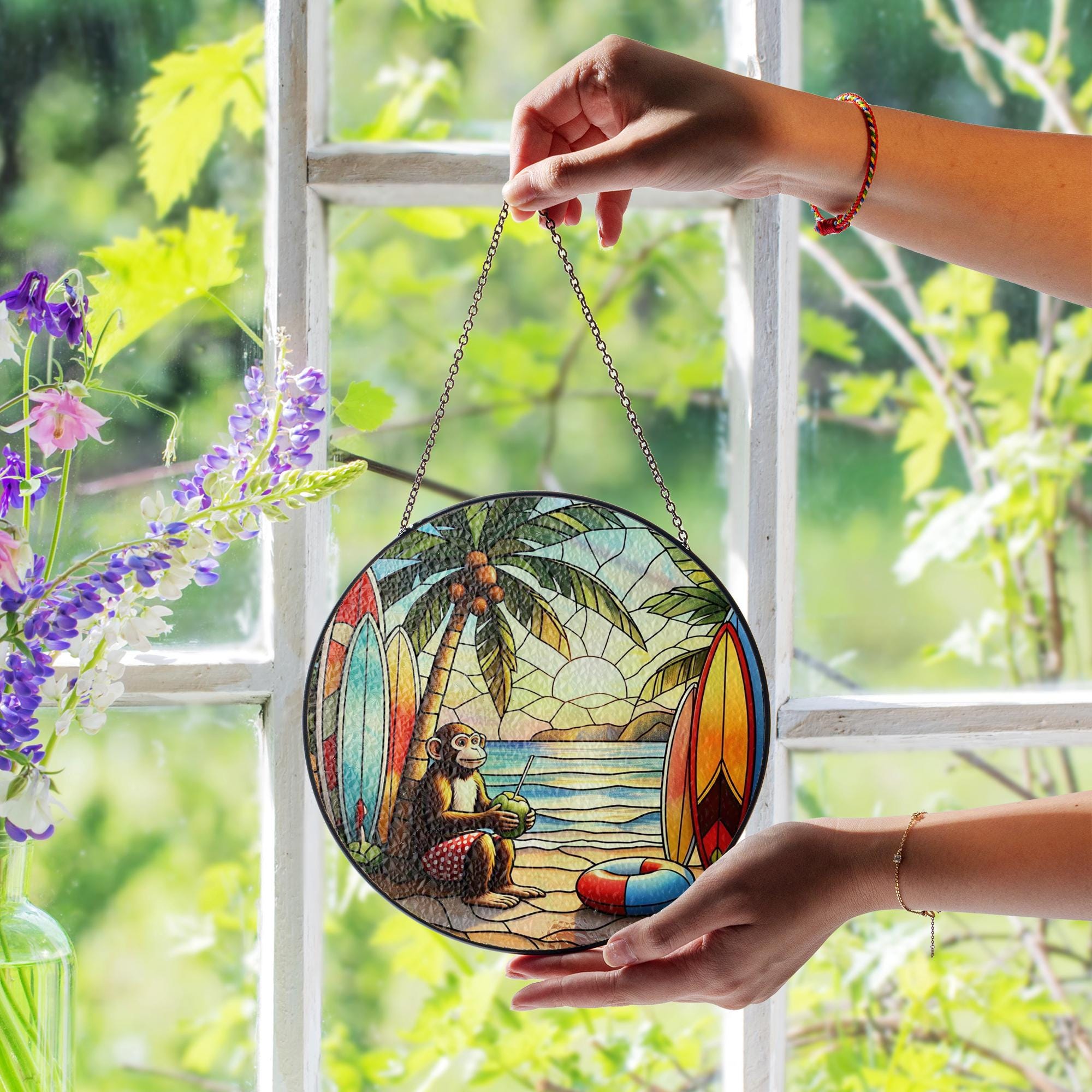 Tropical Beach Monkey Glass Suncatcher | Surfboard Sunset Window Hanging | Fun Animal Ocean Decor for Summer Vibes