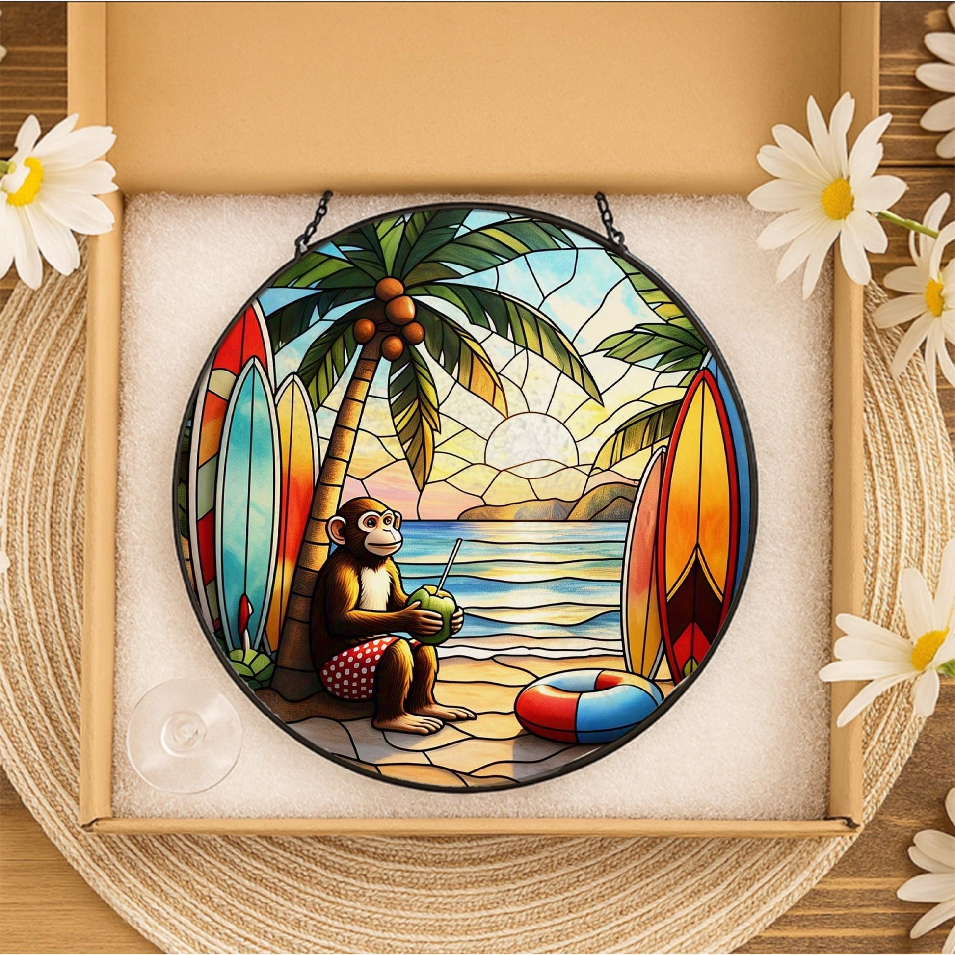 Tropical Beach Monkey Glass Suncatcher | Surfboard Sunset Window Hanging | Fun Animal Ocean Decor for Summer Vibes