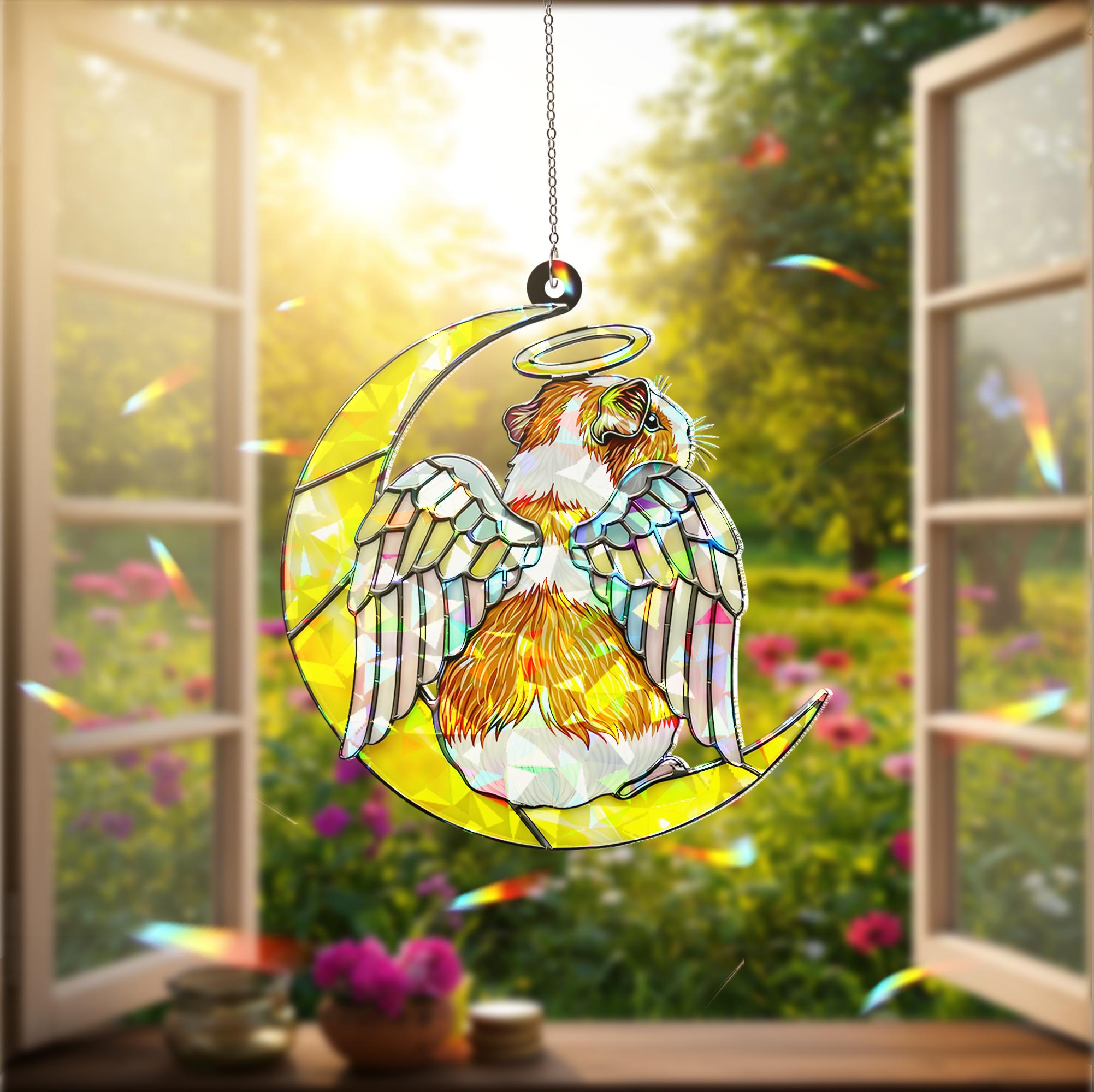 Tri-Color Guinea Pig Window Decor, Angel Pet Memorial Ornament, Holographic Acrylic Window Hanging, Guinea Pig Memorial, Pet Keepsake Gift
