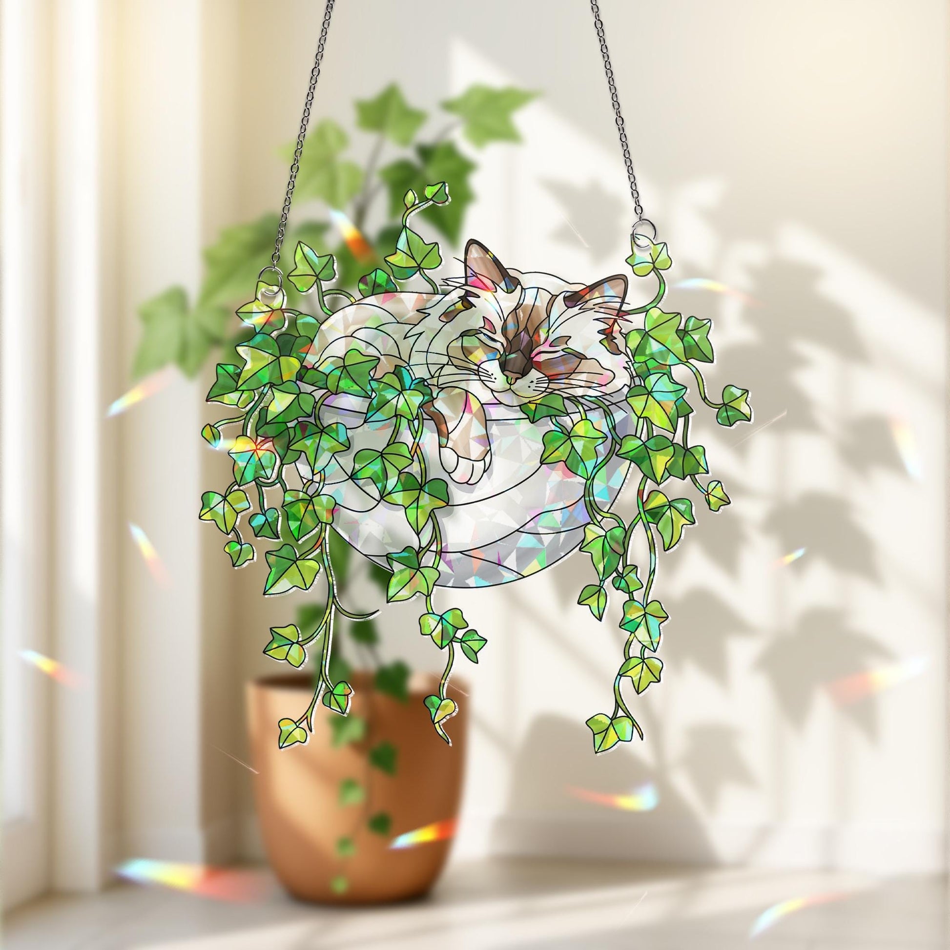 Birman Cat Sleeping on Ivy Hologram Ornament, Cat ACRYLIC Window Hanging | Plant Lover Gift | Ivy Plants Decor, Cozy Cat Decor, Gift For Mom