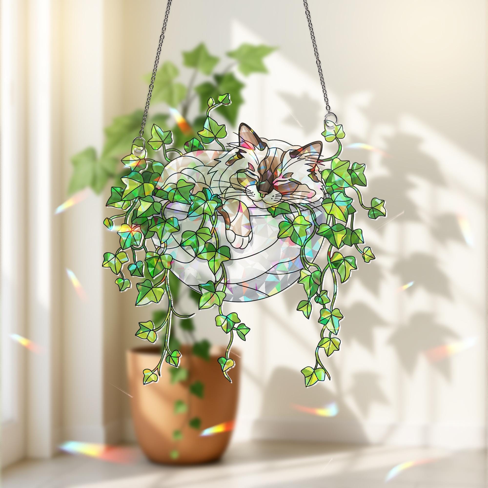 Birman Cat Sleeping on Ivy Hologram Ornament, Cat ACRYLIC Window Hanging | Plant Lover Gift | Ivy Plants Decor, Cozy Cat Decor, Gift For Mom