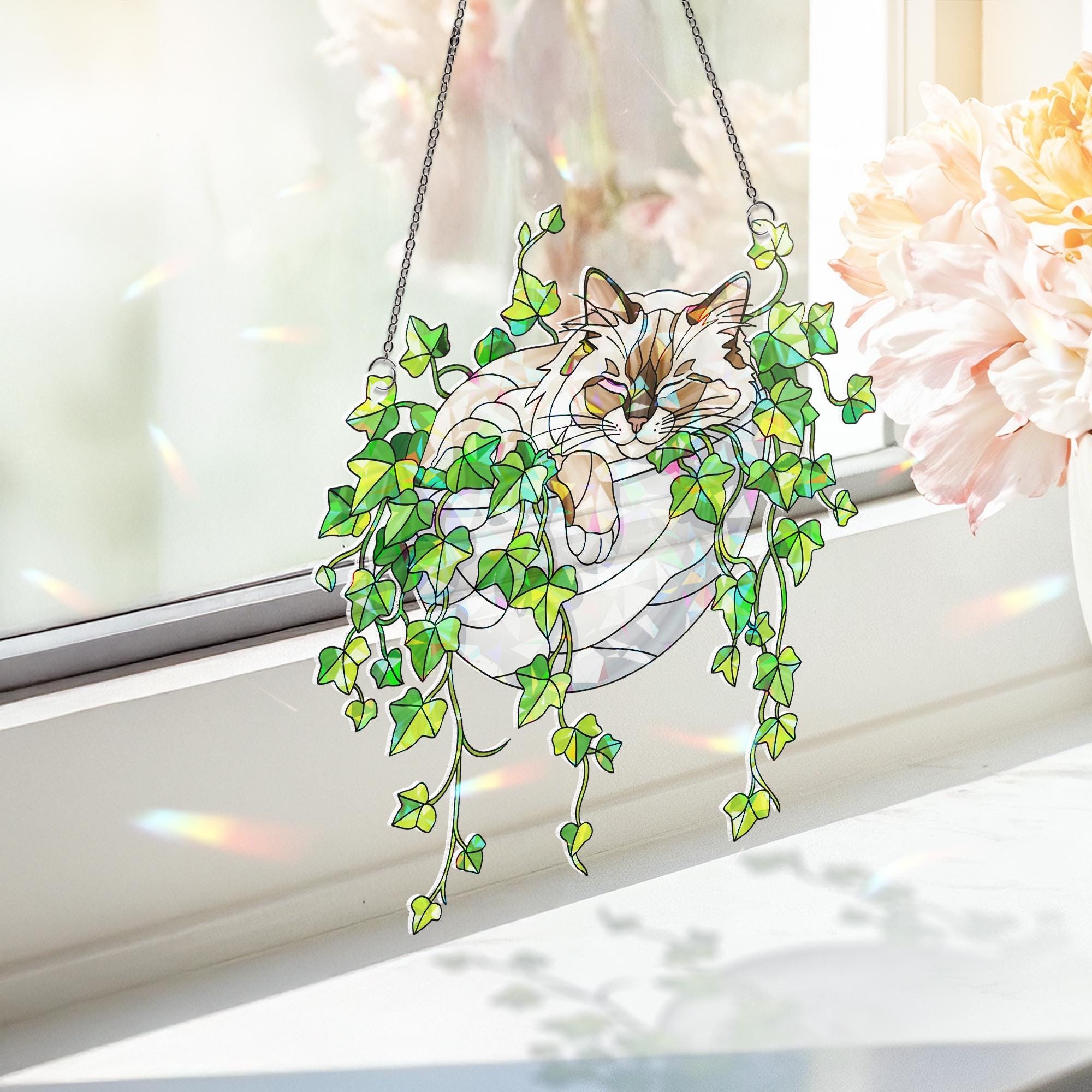 Birman Cat Sleeping on Ivy Hologram Ornament, Cat ACRYLIC Window Hanging | Plant Lover Gift | Ivy Plants Decor, Cozy Cat Decor, Gift For Mom