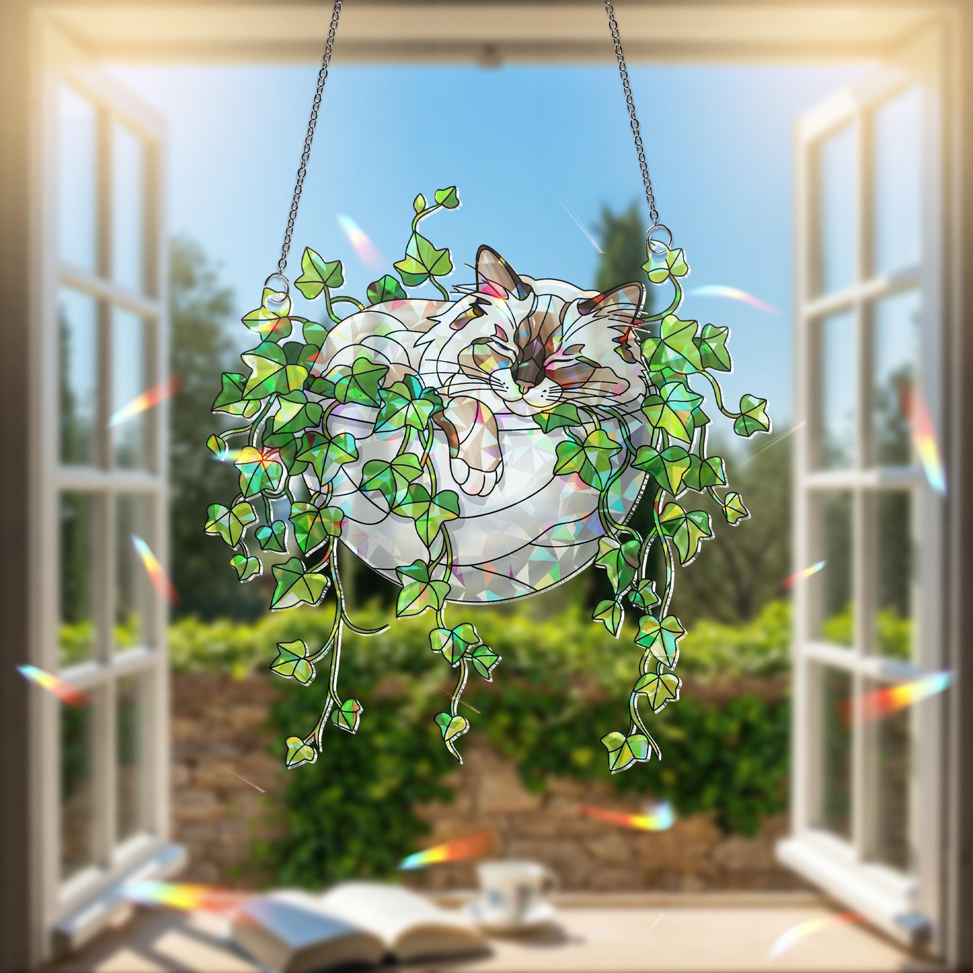 Birman Cat Sleeping on Ivy Hologram Ornament, Cat ACRYLIC Window Hanging | Plant Lover Gift | Ivy Plants Decor, Cozy Cat Decor, Gift For Mom