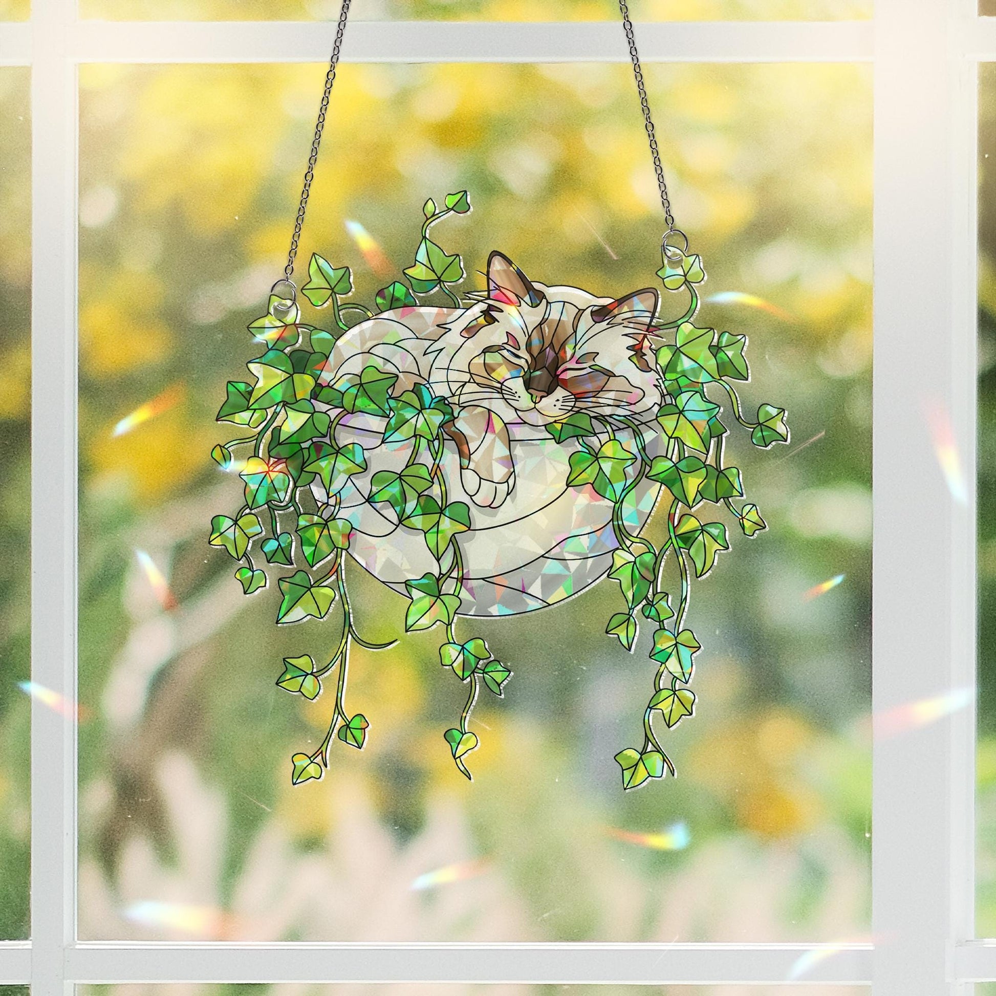 Birman Cat Sleeping on Ivy Hologram Ornament, Cat ACRYLIC Window Hanging | Plant Lover Gift | Ivy Plants Decor, Cozy Cat Decor, Gift For Mom