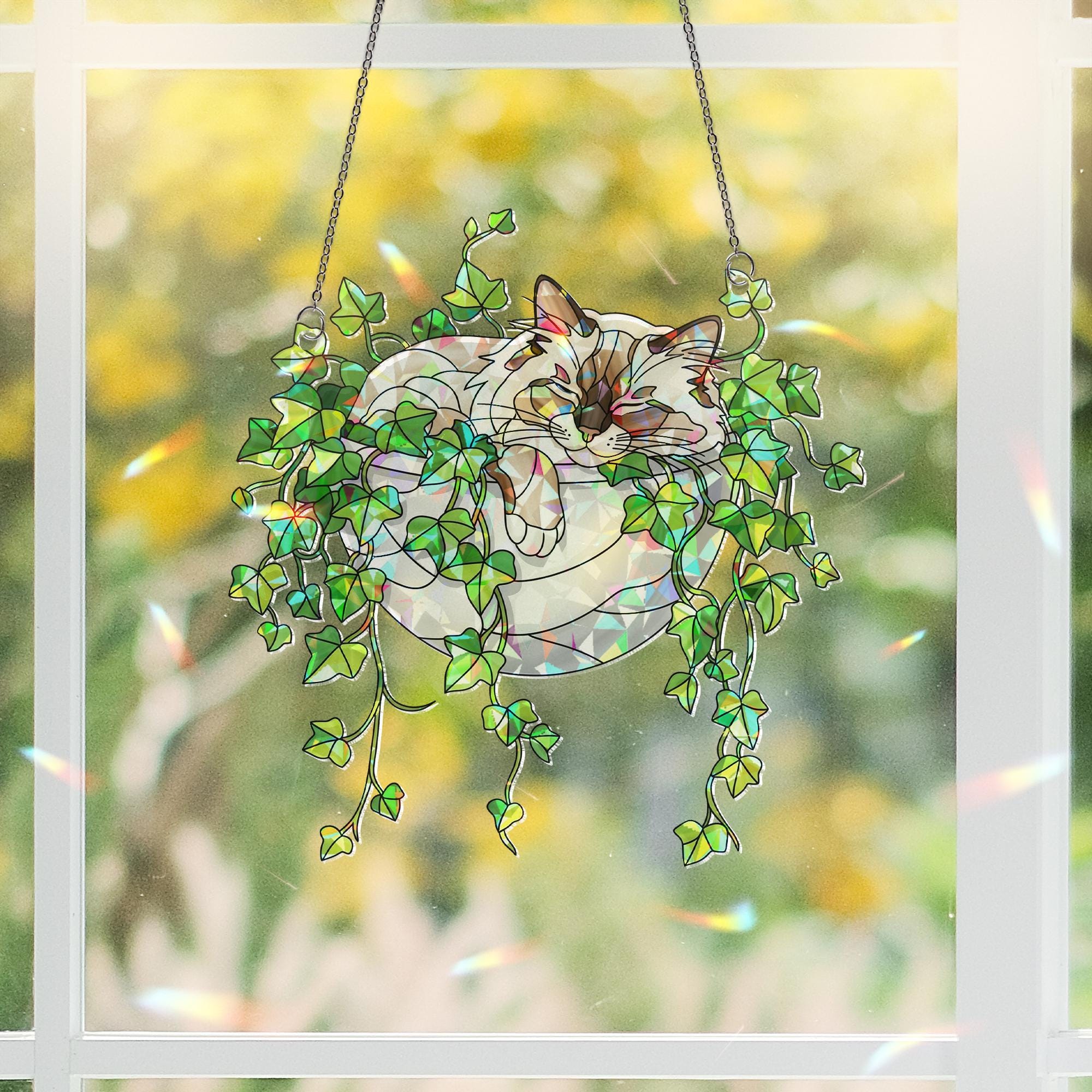 Birman Cat Sleeping on Ivy Hologram Ornament, Cat ACRYLIC Window Hanging | Plant Lover Gift | Ivy Plants Decor, Cozy Cat Decor, Gift For Mom