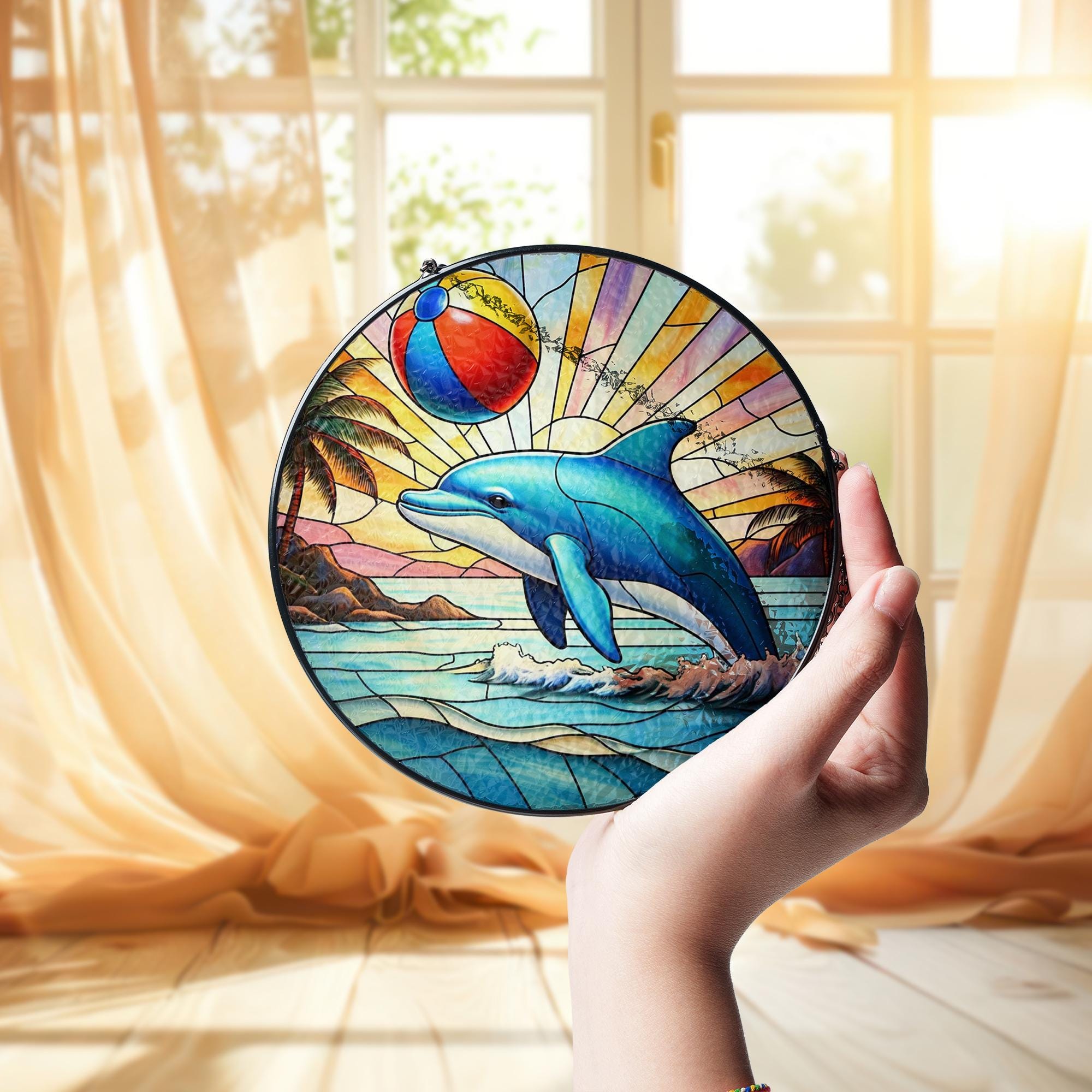 Tropical Dolphin Glass Suncatcher | Ocean Beach Ball Summer Window Hanging | Vibrant Sea Life Coastal Home Decor