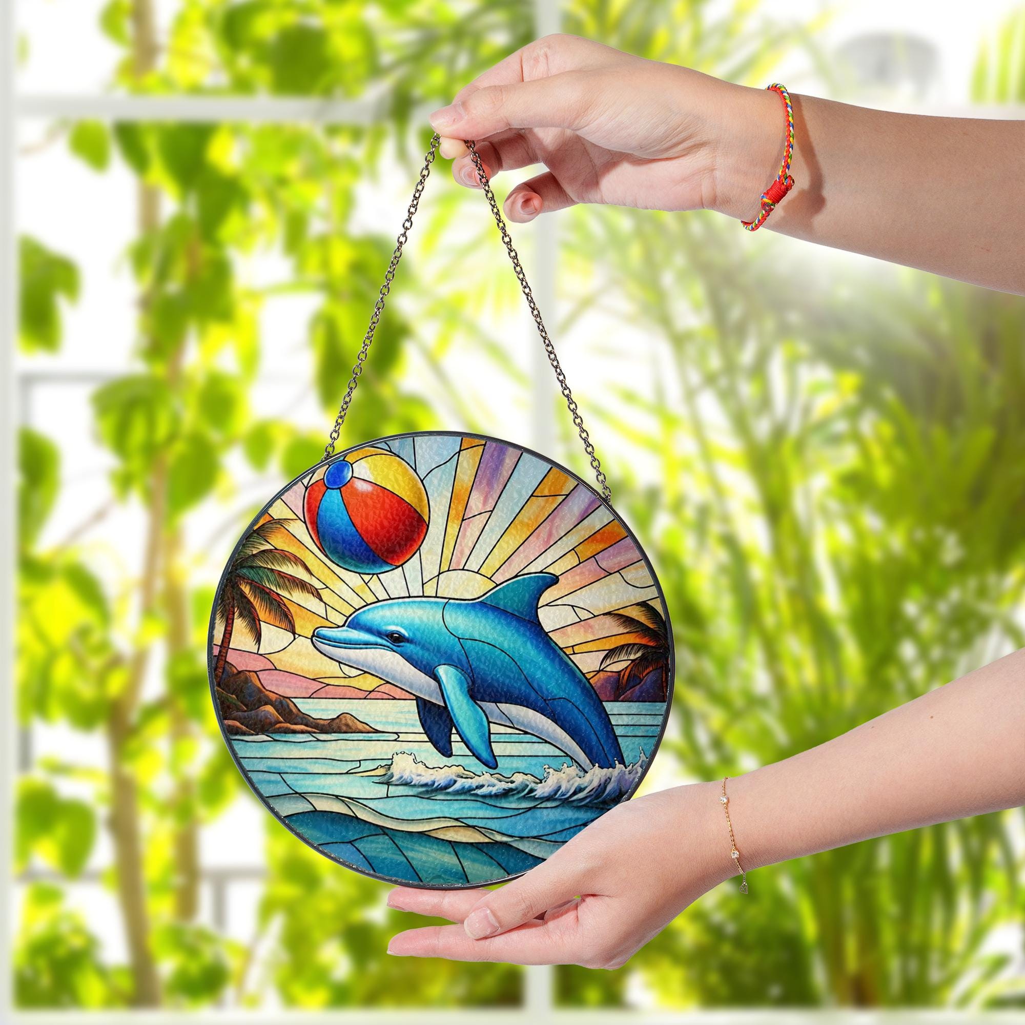 Tropical Dolphin Glass Suncatcher | Ocean Beach Ball Summer Window Hanging | Vibrant Sea Life Coastal Home Decor