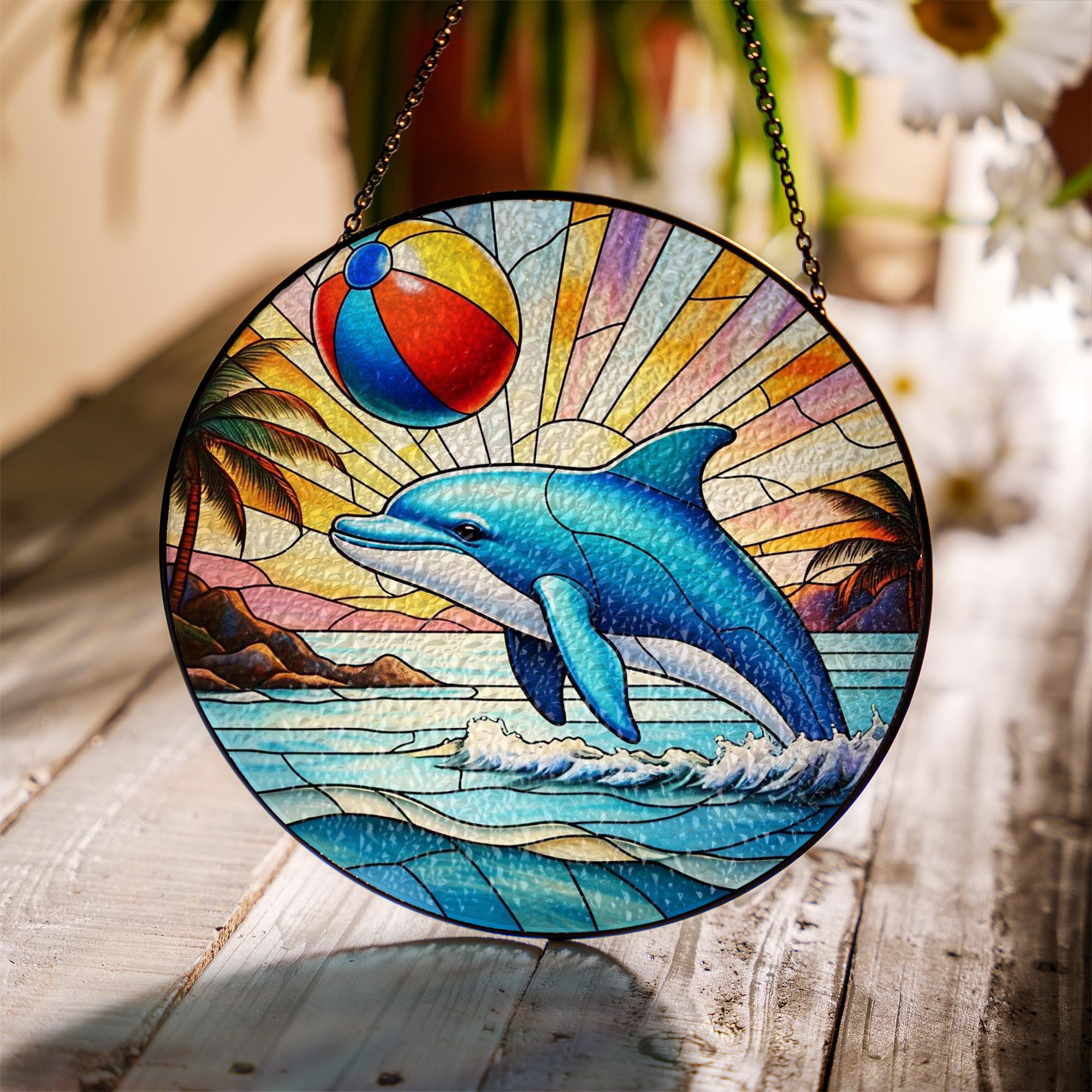 Tropical Dolphin Glass Suncatcher | Ocean Beach Ball Summer Window Hanging | Vibrant Sea Life Coastal Home Decor