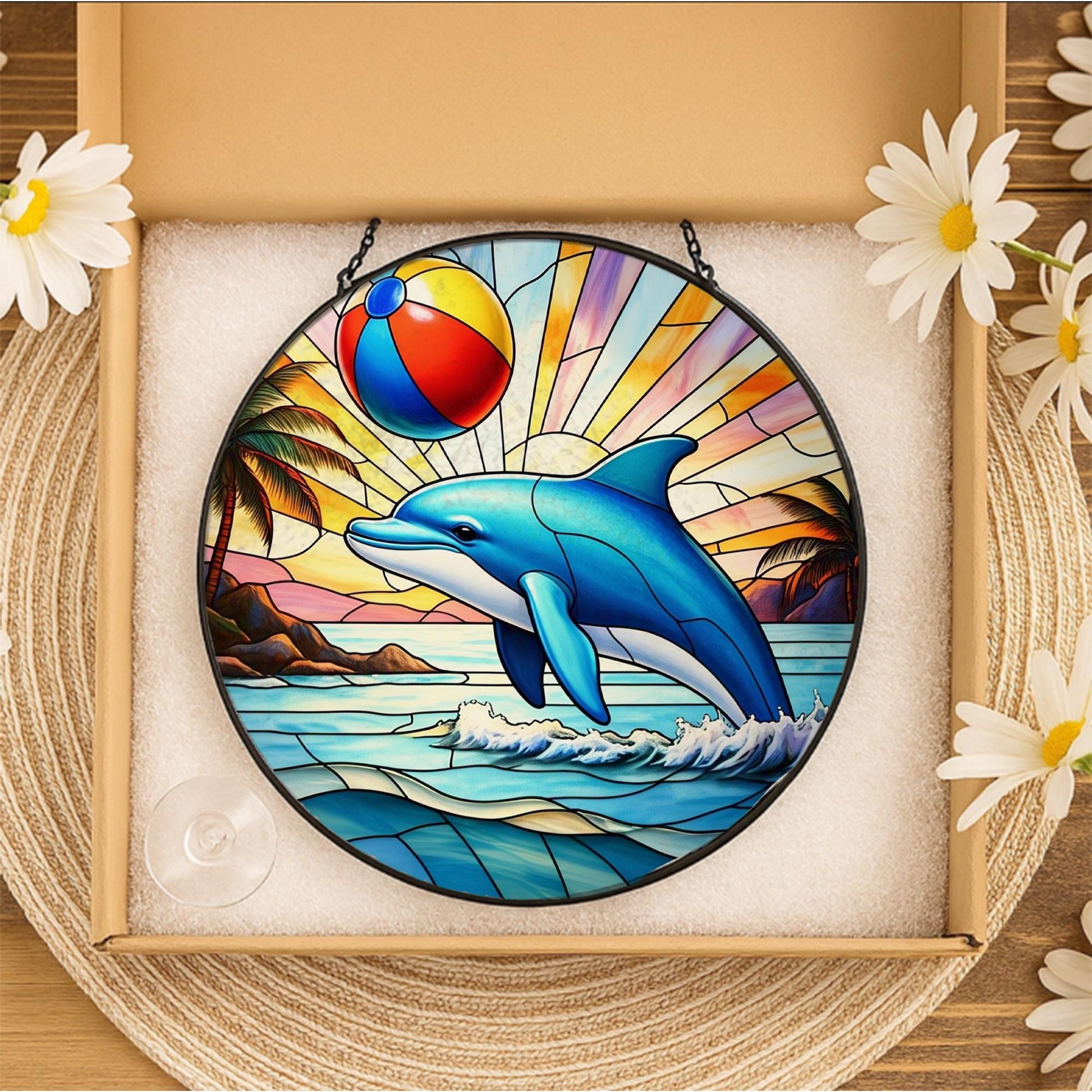 Tropical Dolphin Glass Suncatcher | Ocean Beach Ball Summer Window Hanging | Vibrant Sea Life Coastal Home Decor