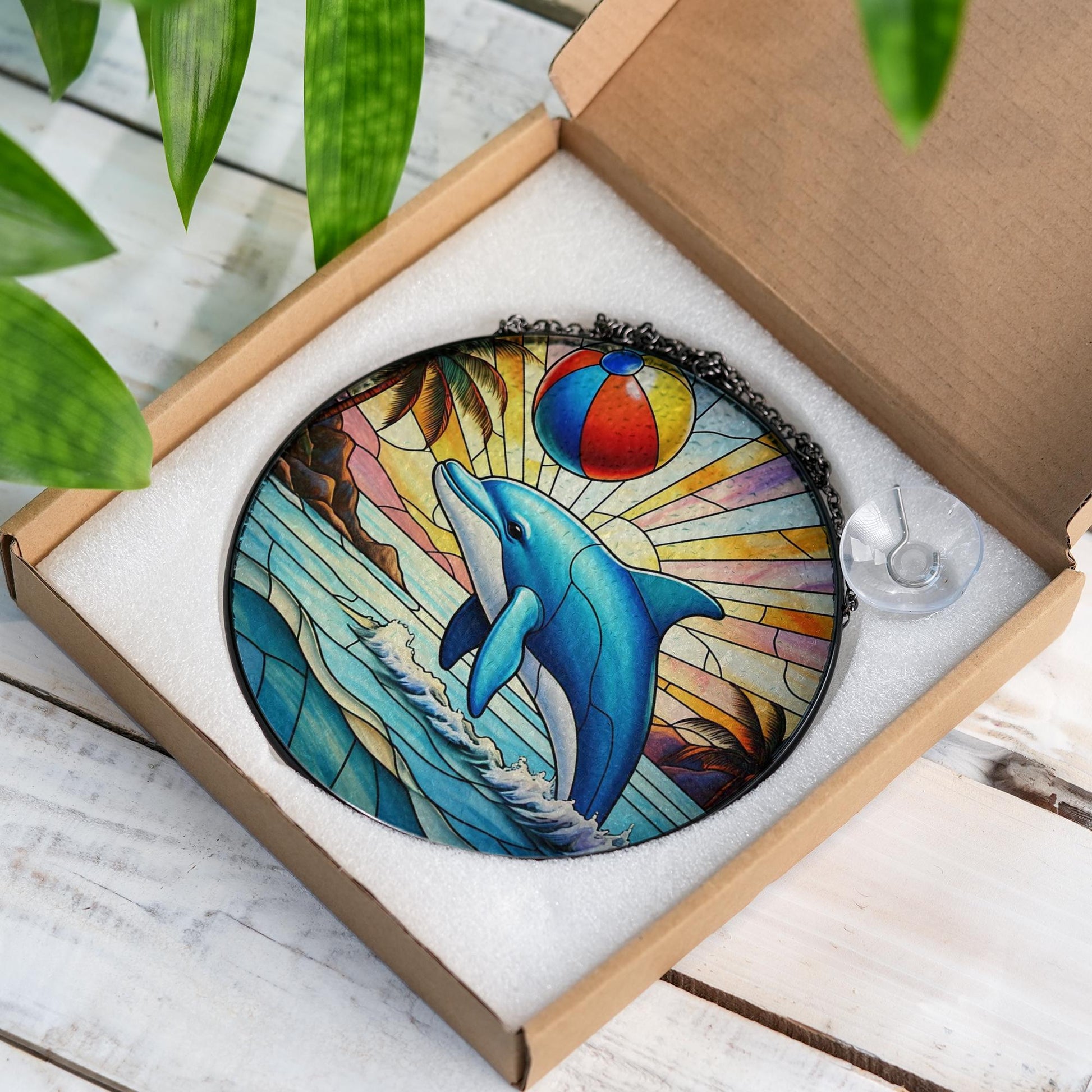 Tropical Dolphin Glass Suncatcher | Ocean Beach Ball Summer Window Hanging | Vibrant Sea Life Coastal Home Decor