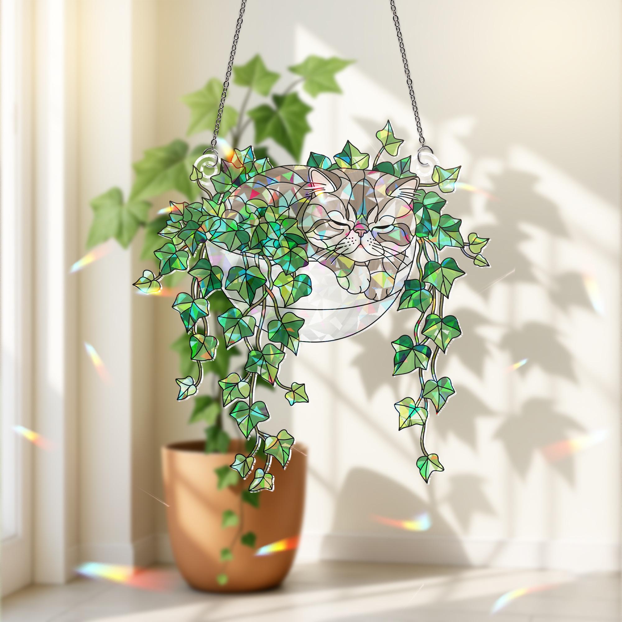 Exotic Shorthair Cat Sleeping on Ivy Hologram ACRYLIC Window Hanging, Plant Lover Gift, Ivy Plants Decor, Cat Decor, Gift For Mom, Cat Mom