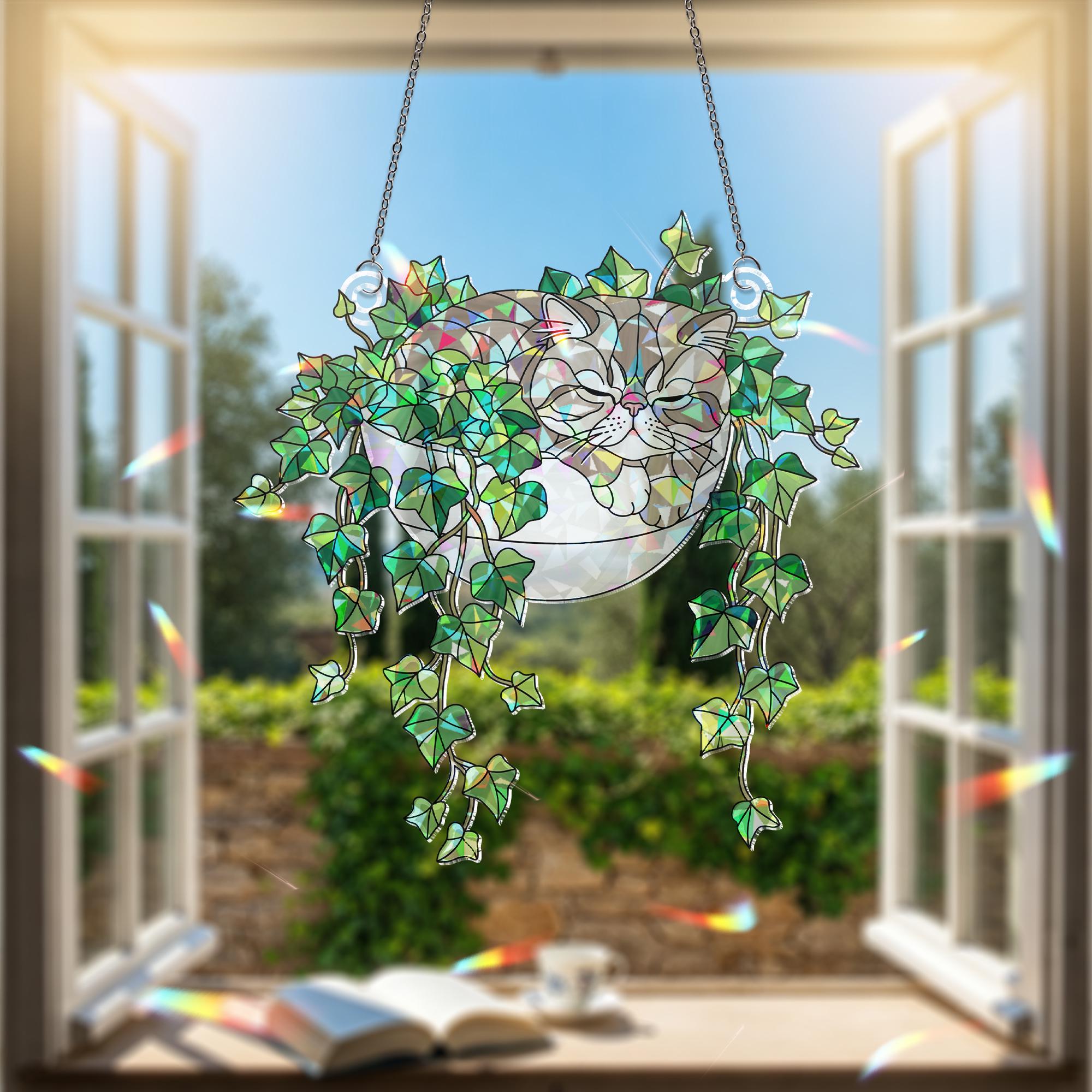 Exotic Shorthair Cat Sleeping on Ivy Hologram ACRYLIC Window Hanging, Plant Lover Gift, Ivy Plants Decor, Cat Decor, Gift For Mom, Cat Mom