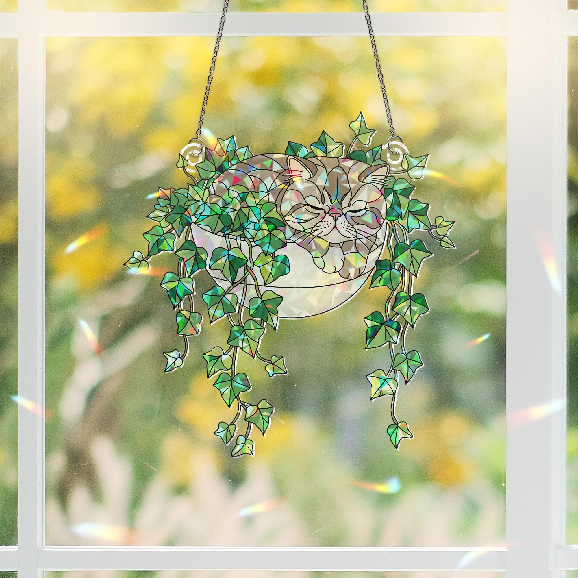 Exotic Shorthair Cat Sleeping on Ivy Hologram ACRYLIC Window Hanging, Plant Lover Gift, Ivy Plants Decor, Cat Decor, Gift For Mom, Cat Mom