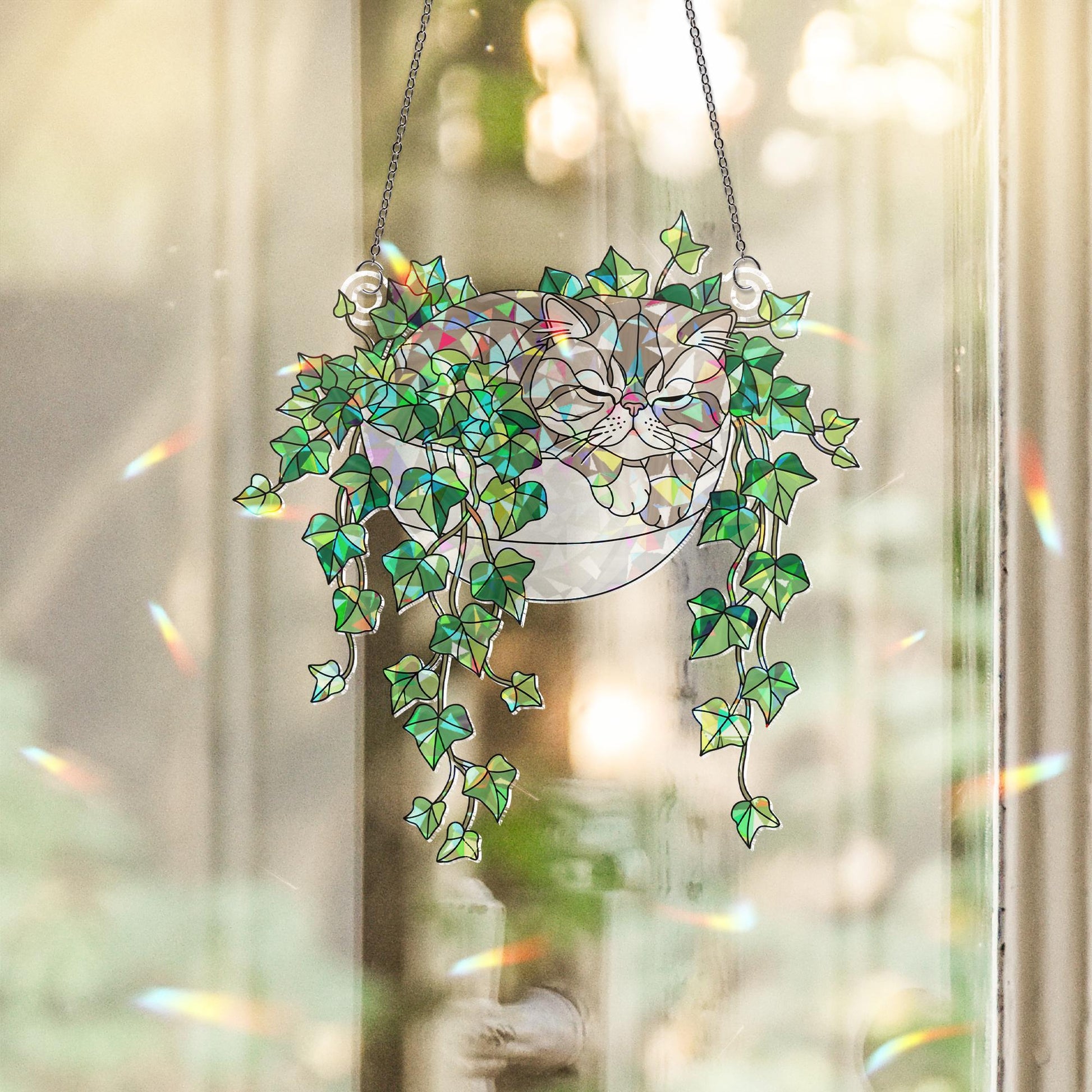 Exotic Shorthair Cat Sleeping on Ivy Hologram ACRYLIC Window Hanging, Plant Lover Gift, Ivy Plants Decor, Cat Decor, Gift For Mom, Cat Mom