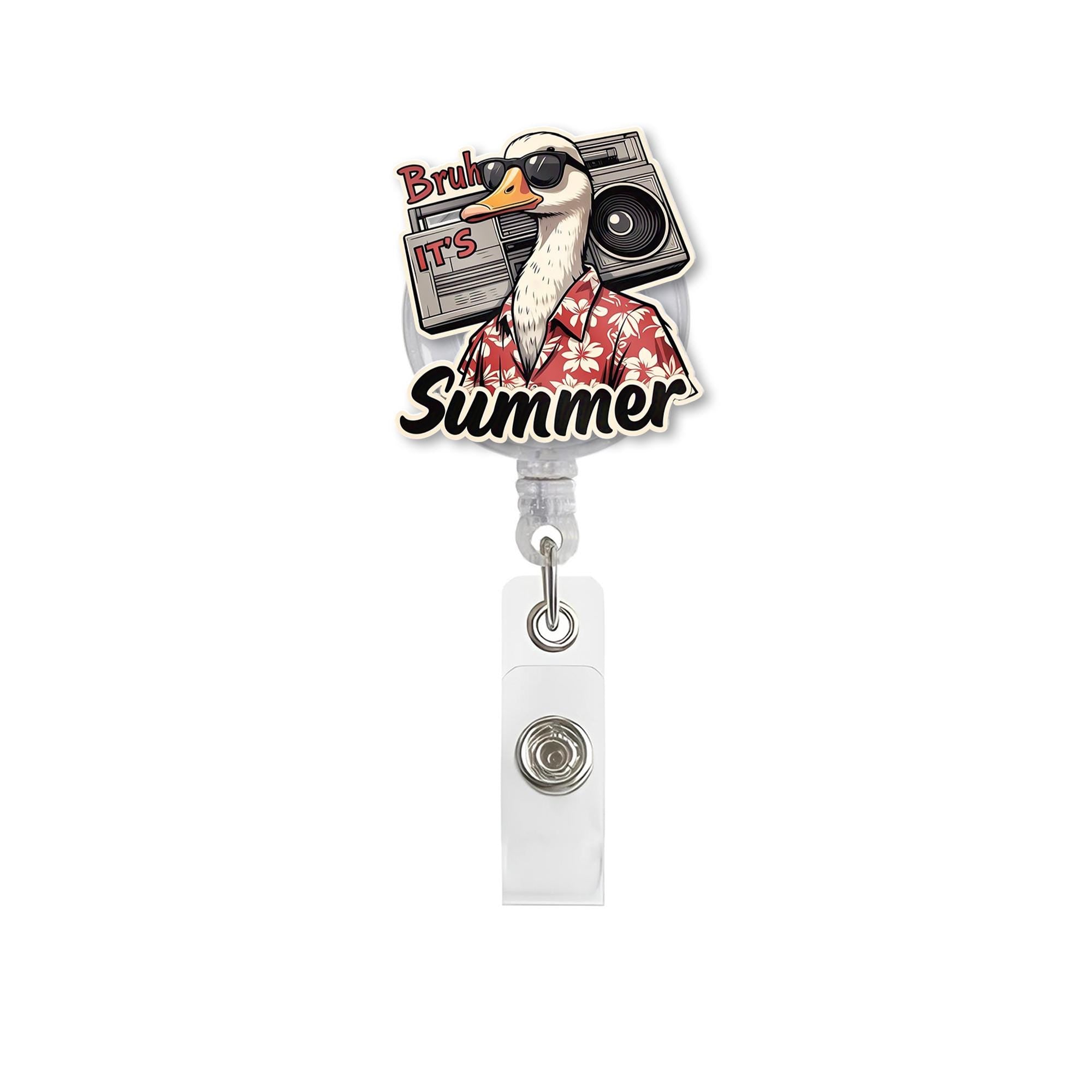 Funny Summer Goose Badge Reel | “Bruh It’s Summer” Nurse ID Holder | Cute Animal Retractable Name Tag Clip for Teachers & Medical Staff