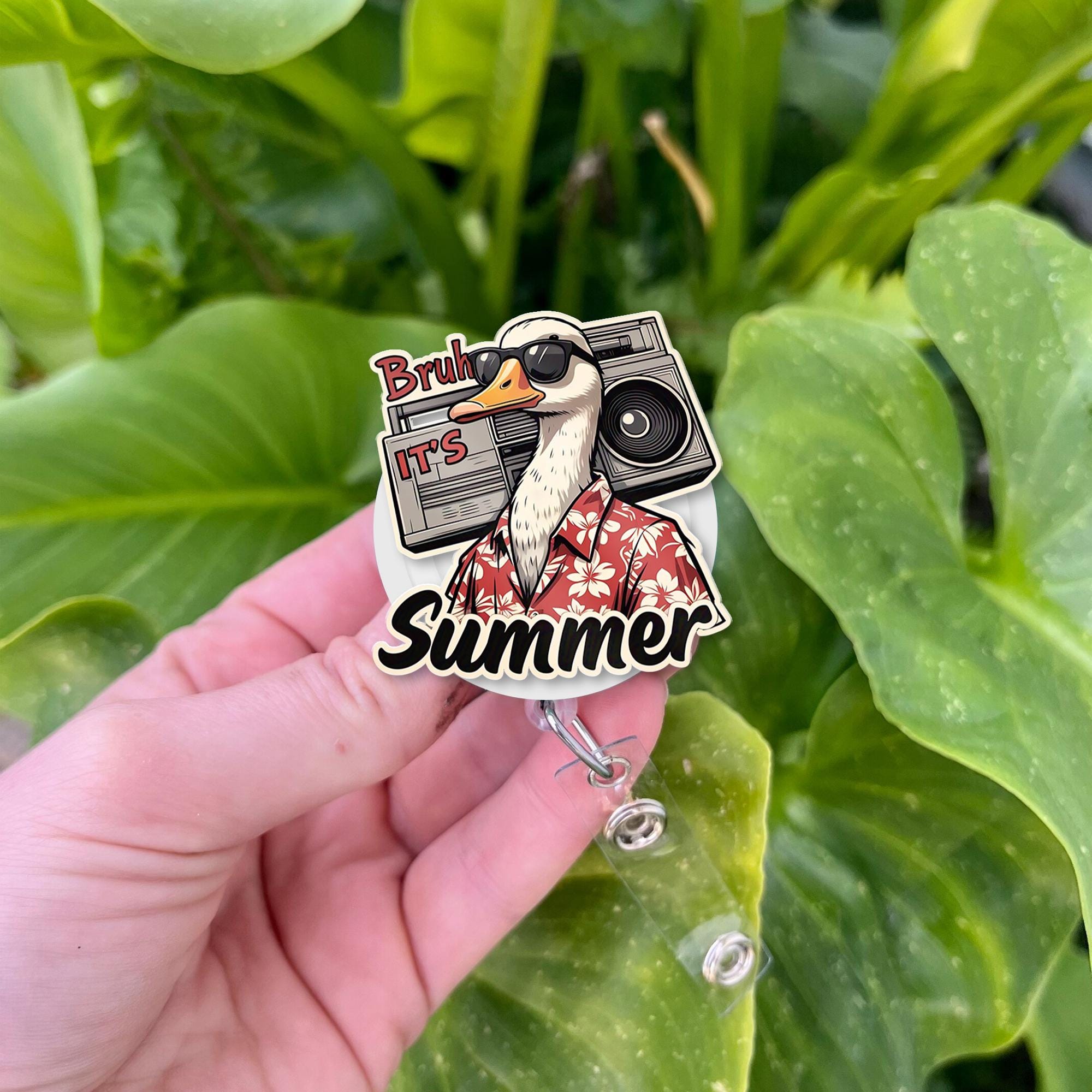 Funny Summer Goose Badge Reel | “Bruh It’s Summer” Nurse ID Holder | Cute Animal Retractable Name Tag Clip for Teachers & Medical Staff