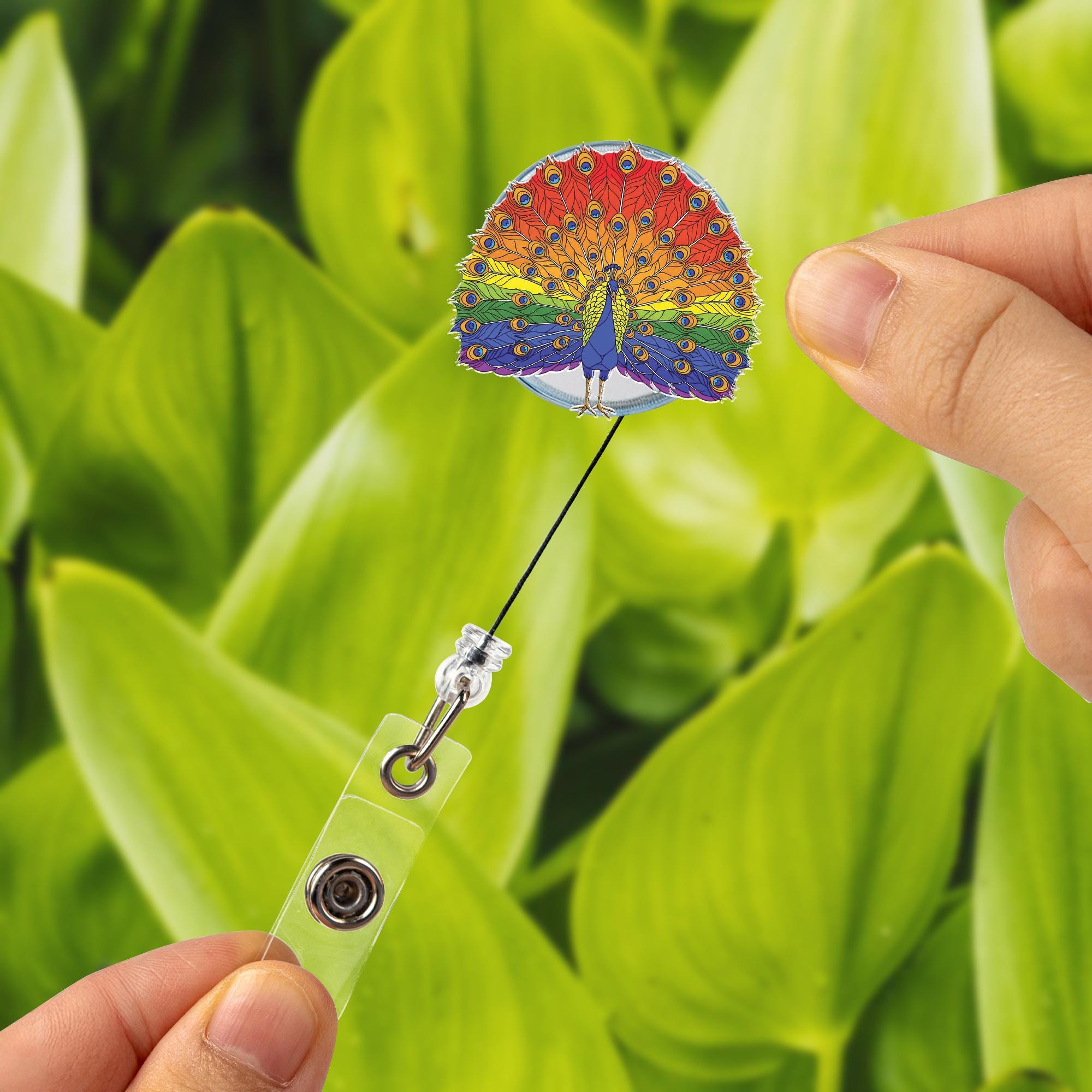 Rainbow Peacock Badge Reel | LGBTQ+ Pride ID Holder | Colorful Retractable Nurse Name Tag Clip | Cute Peacock Office Gift for Nurses