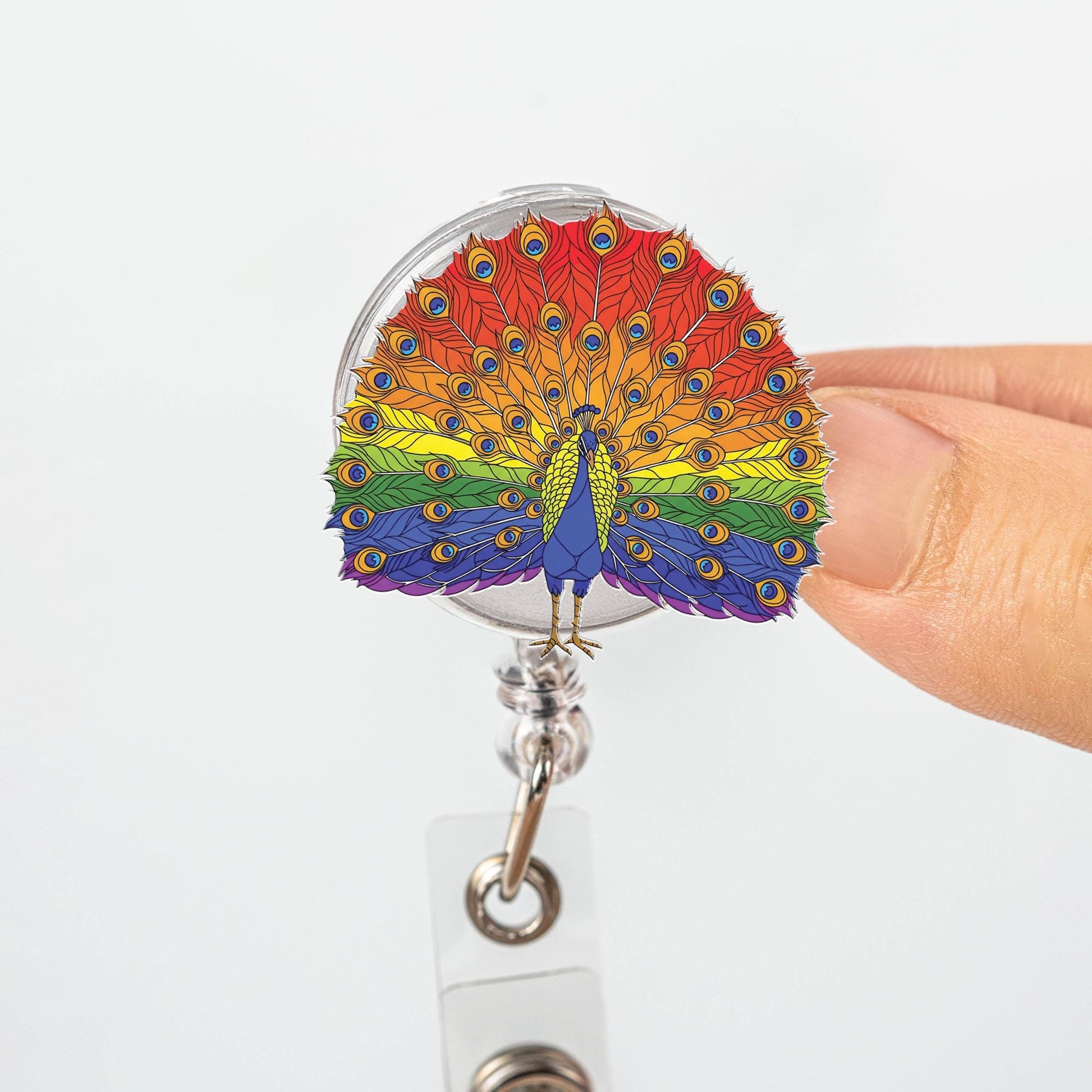 Rainbow Peacock Badge Reel | LGBTQ+ Pride ID Holder | Colorful Retractable Nurse Name Tag Clip | Cute Peacock Office Gift for Nurses