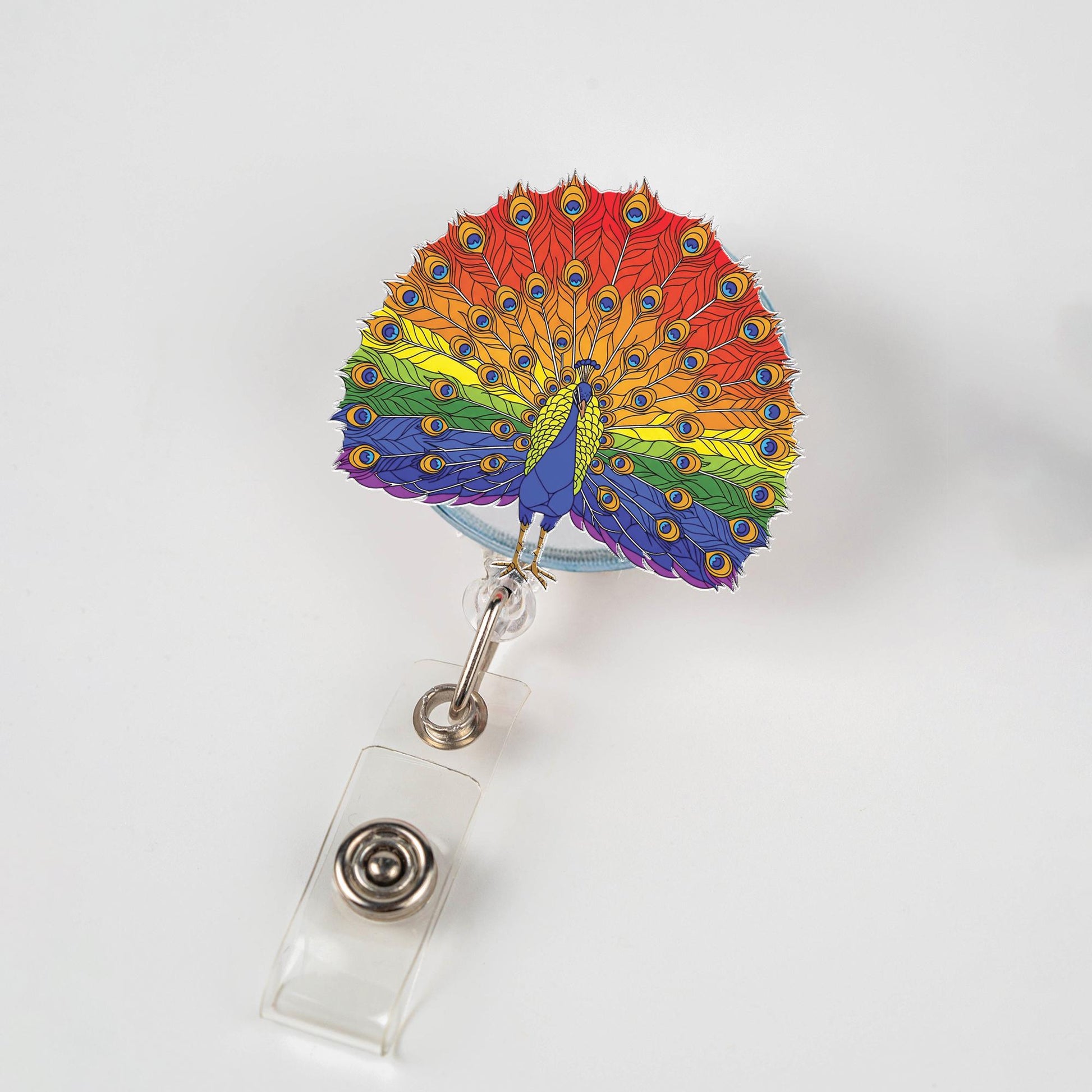 Rainbow Peacock Badge Reel | LGBTQ+ Pride ID Holder | Colorful Retractable Nurse Name Tag Clip | Cute Peacock Office Gift for Nurses