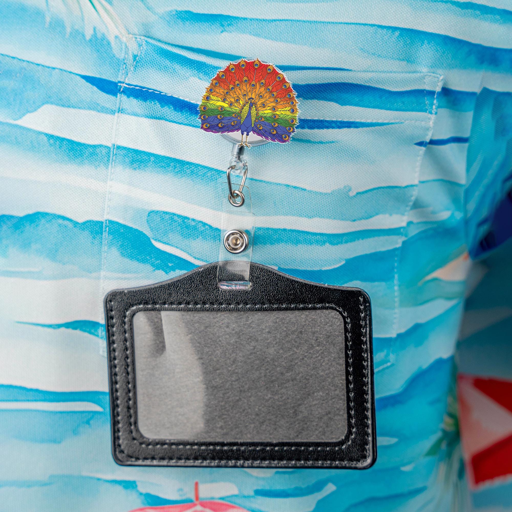 Rainbow Peacock Badge Reel | LGBTQ+ Pride ID Holder | Colorful Retractable Nurse Name Tag Clip | Cute Peacock Office Gift for Nurses