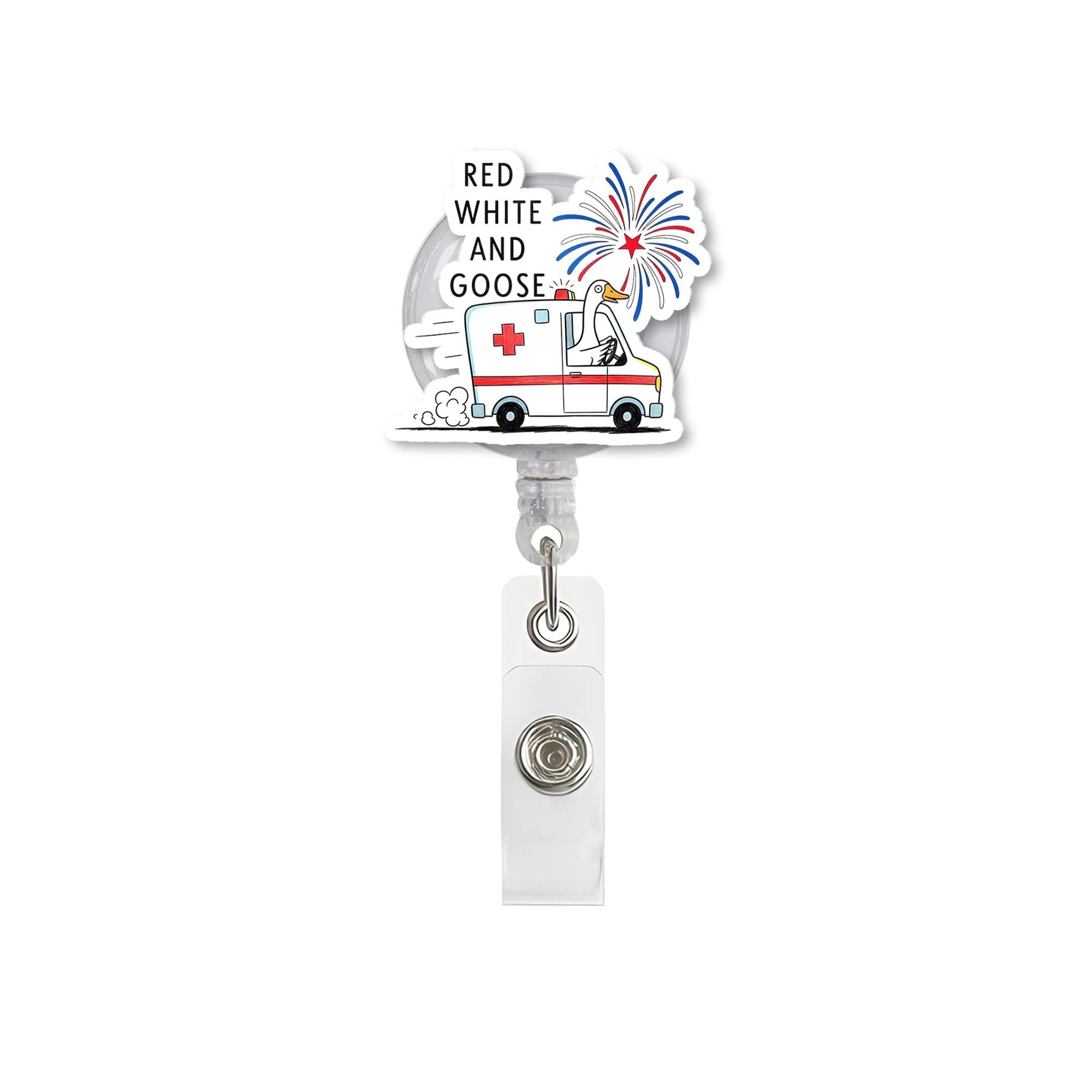 Red White and Goose Badge Reel | Patriotic Nurse Badge Holder | Funny July 4th ID Clip | Emergency RN Gift | Goose Badge Reel