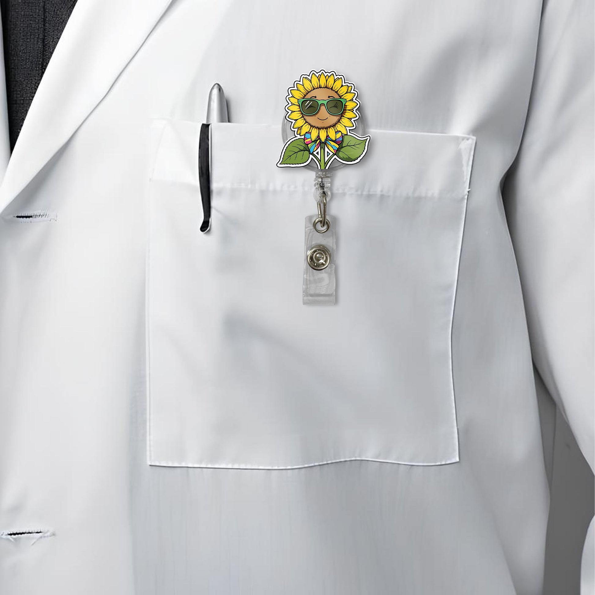 Sunflower Badge Reel with Sunglasses | Cute Nurse ID Holder | Retractable Flower Clip for RN, LPN, Teacher, Office Staff | Summer Badge Reel