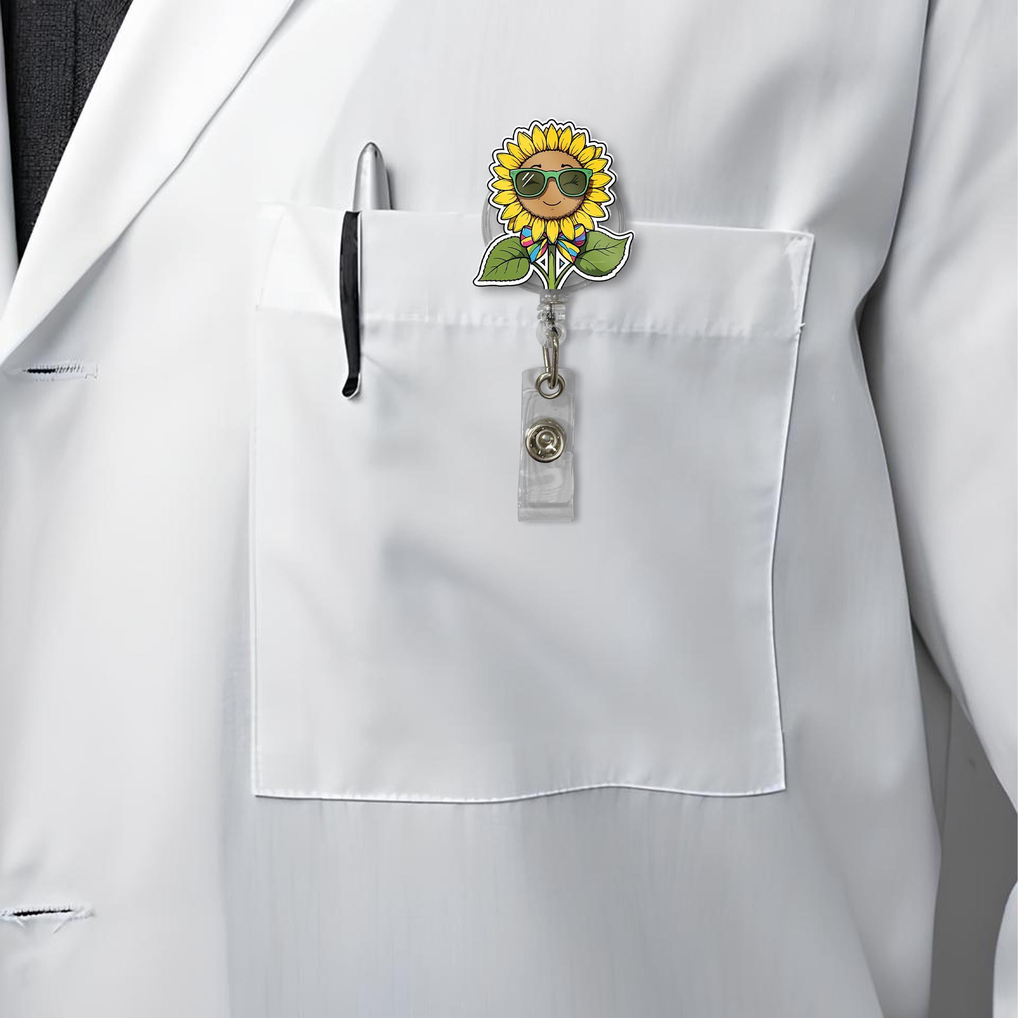 Sunflower Badge Reel with Sunglasses | Cute Nurse ID Holder | Retractable Flower Clip for RN, LPN, Teacher, Office Staff | Summer Badge Reel