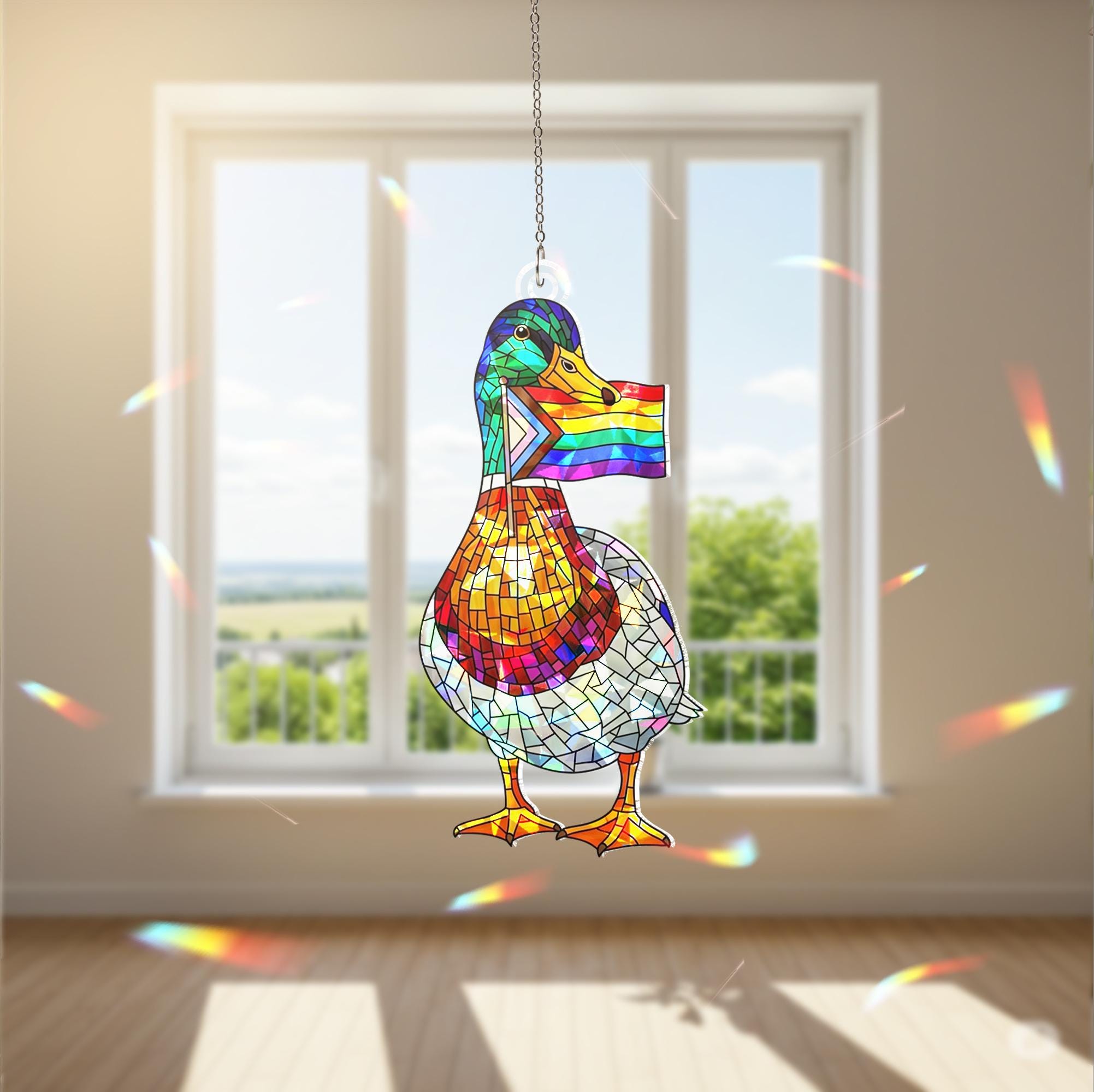 LGBT Flag Mallard Duck Acrylic Decor, Rainbow Window Decor, Pride Duck Ornament, Holographic Bird Art, LGBTQ Gift Idea, Gay Decor, Gay Gift