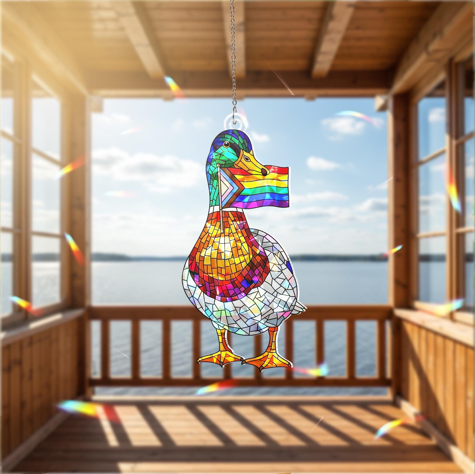 LGBT Flag Mallard Duck Acrylic Decor, Rainbow Window Decor, Pride Duck Ornament, Holographic Bird Art, LGBTQ Gift Idea, Gay Decor, Gay Gift