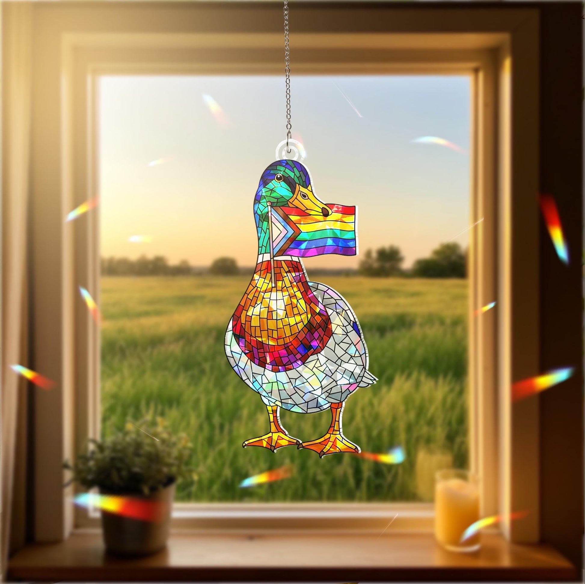 LGBT Flag Mallard Duck Acrylic Decor, Rainbow Window Decor, Pride Duck Ornament, Holographic Bird Art, LGBTQ Gift Idea, Gay Decor, Gay Gift