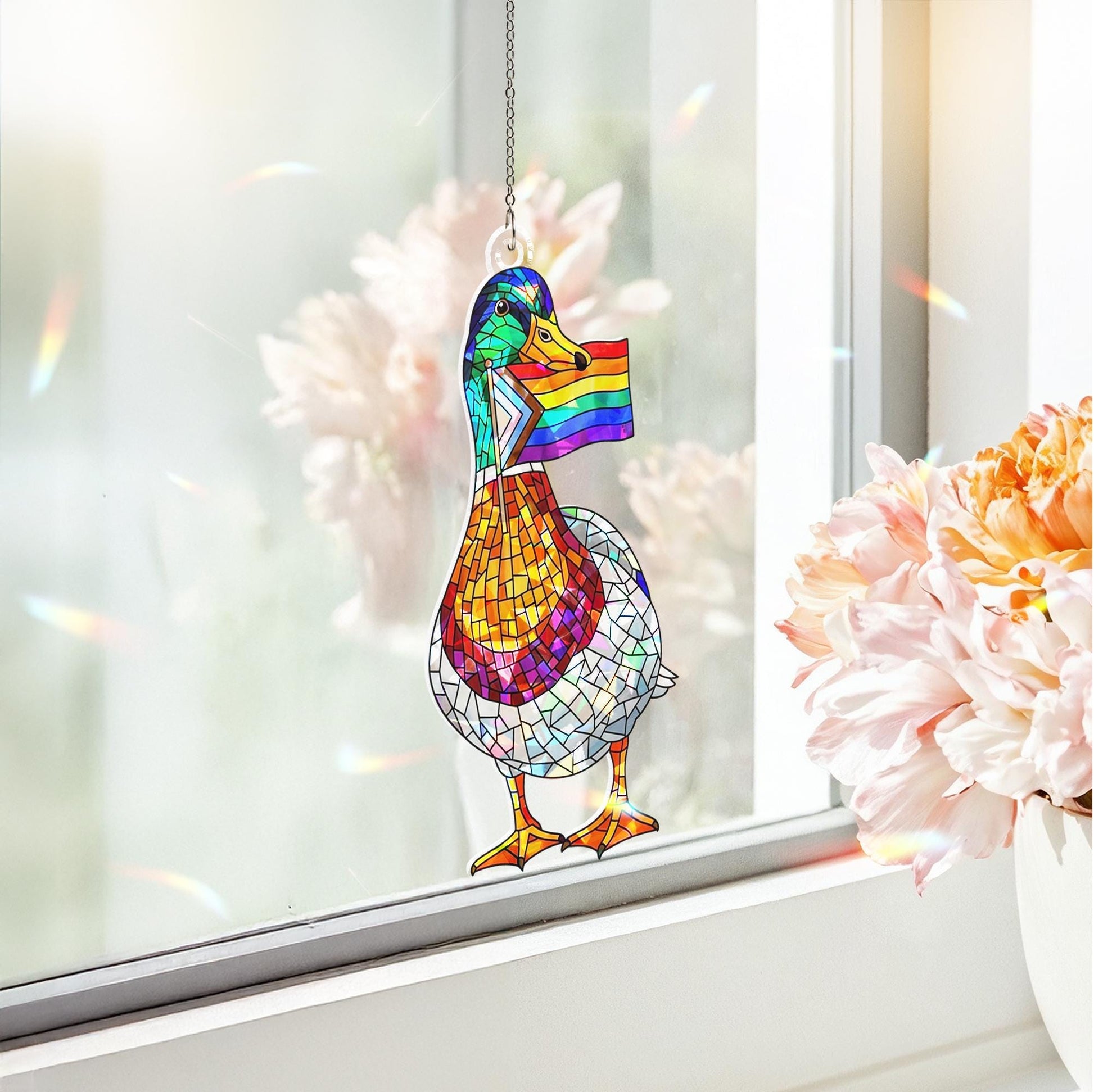 LGBT Flag Mallard Duck Acrylic Decor, Rainbow Window Decor, Pride Duck Ornament, Holographic Bird Art, LGBTQ Gift Idea, Gay Decor, Gay Gift