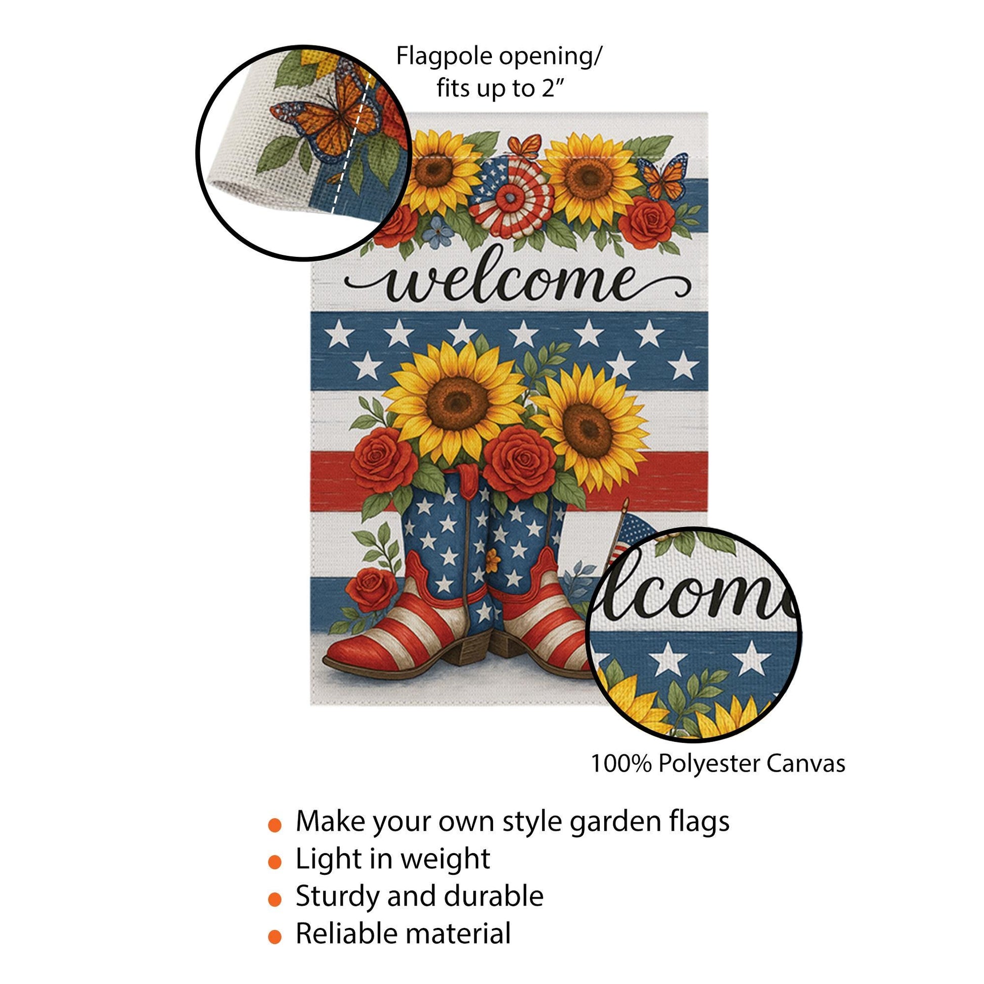 Patriotic Welcome Garden Flag with Sunflowers & Boots | 4th of July Yard Decor | Red White Blue Floral Outdoor Flag | Summer Porch Flag