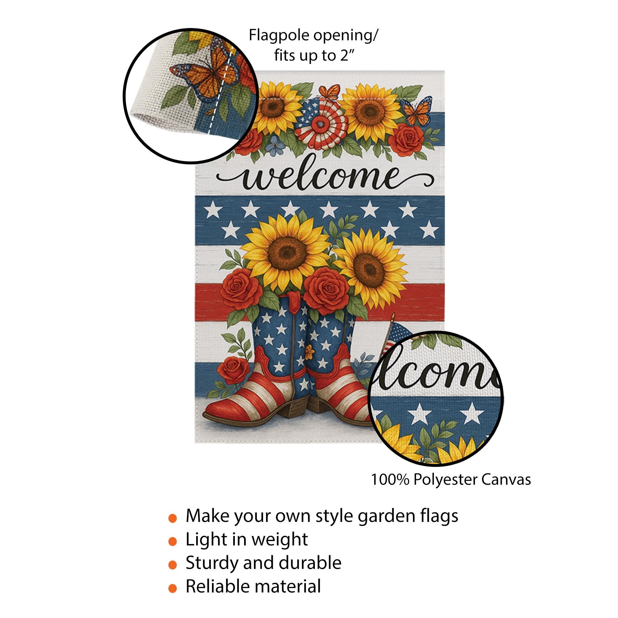 Patriotic Welcome Garden Flag with Sunflowers & Boots | 4th of July Yard Decor | Red White Blue Floral Outdoor Flag | Summer Porch Flag