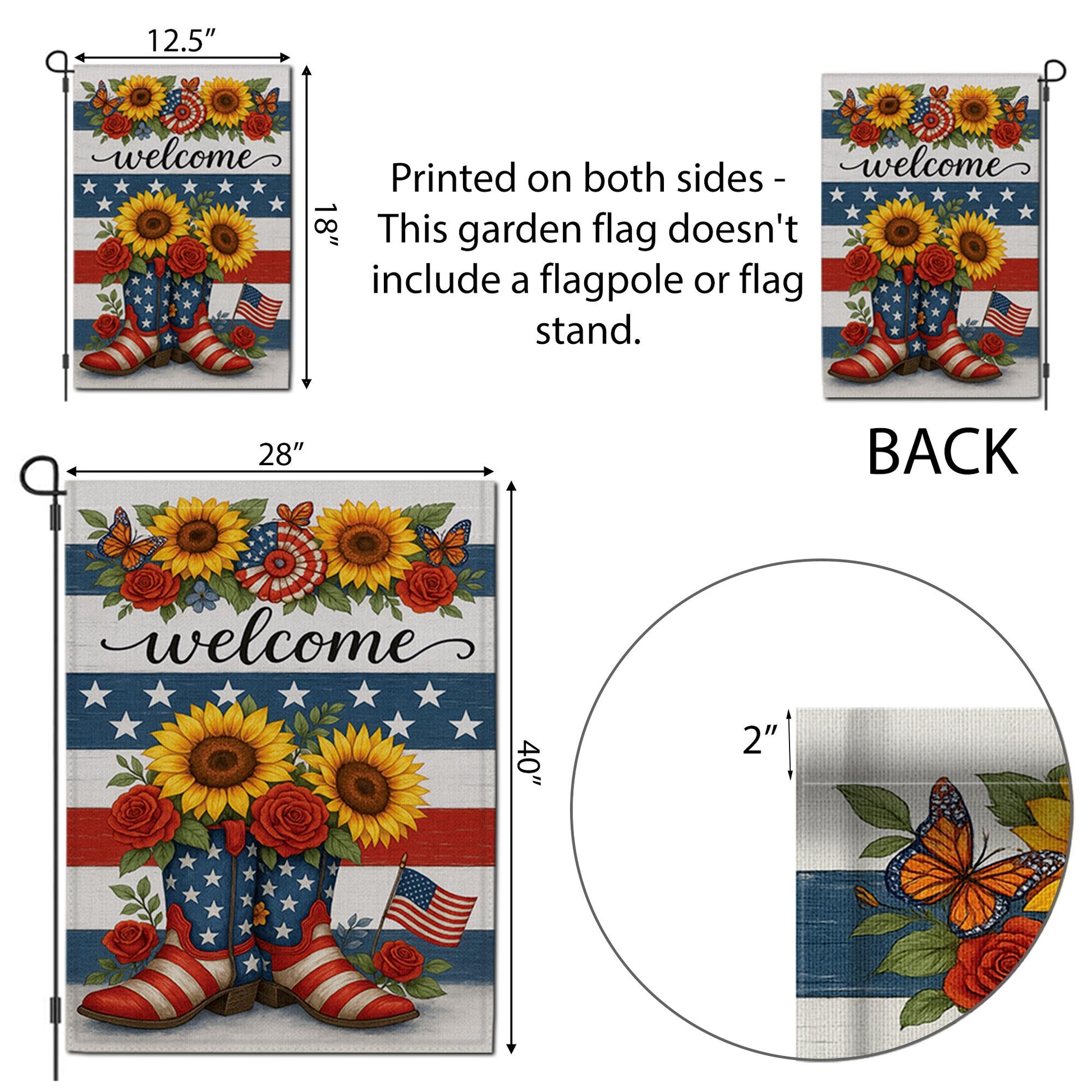 Patriotic Welcome Garden Flag with Sunflowers & Boots | 4th of July Yard Decor | Red White Blue Floral Outdoor Flag | Summer Porch Flag