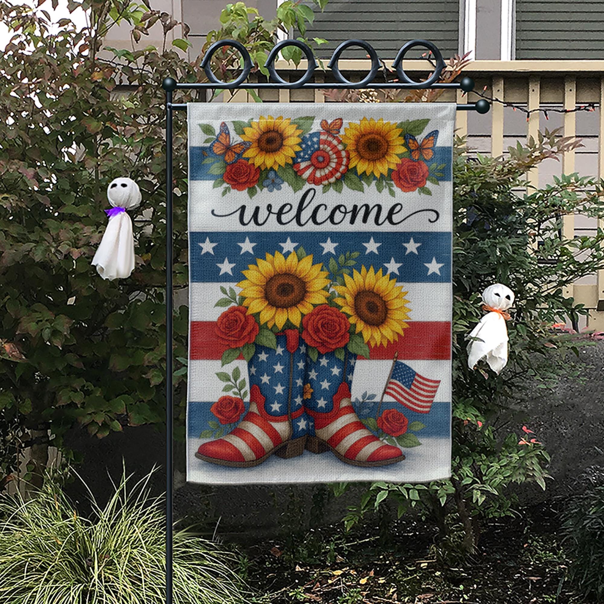 Patriotic Welcome Garden Flag with Sunflowers & Boots | 4th of July Yard Decor | Red White Blue Floral Outdoor Flag | Summer Porch Flag