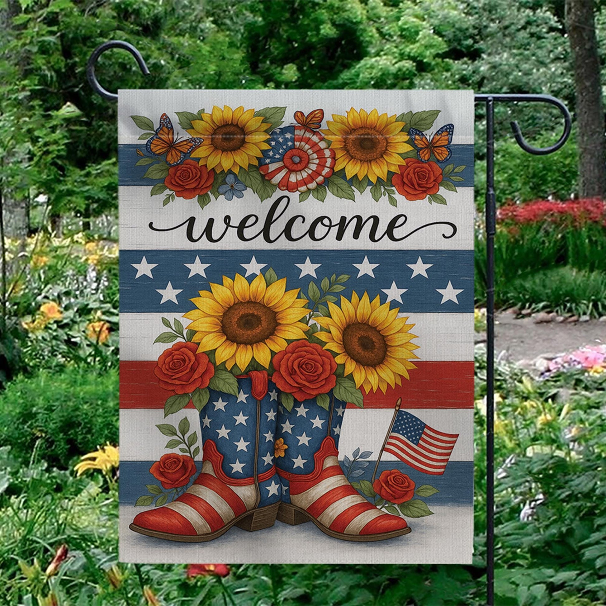 Patriotic Welcome Garden Flag with Sunflowers & Boots | 4th of July Yard Decor | Red White Blue Floral Outdoor Flag | Summer Porch Flag