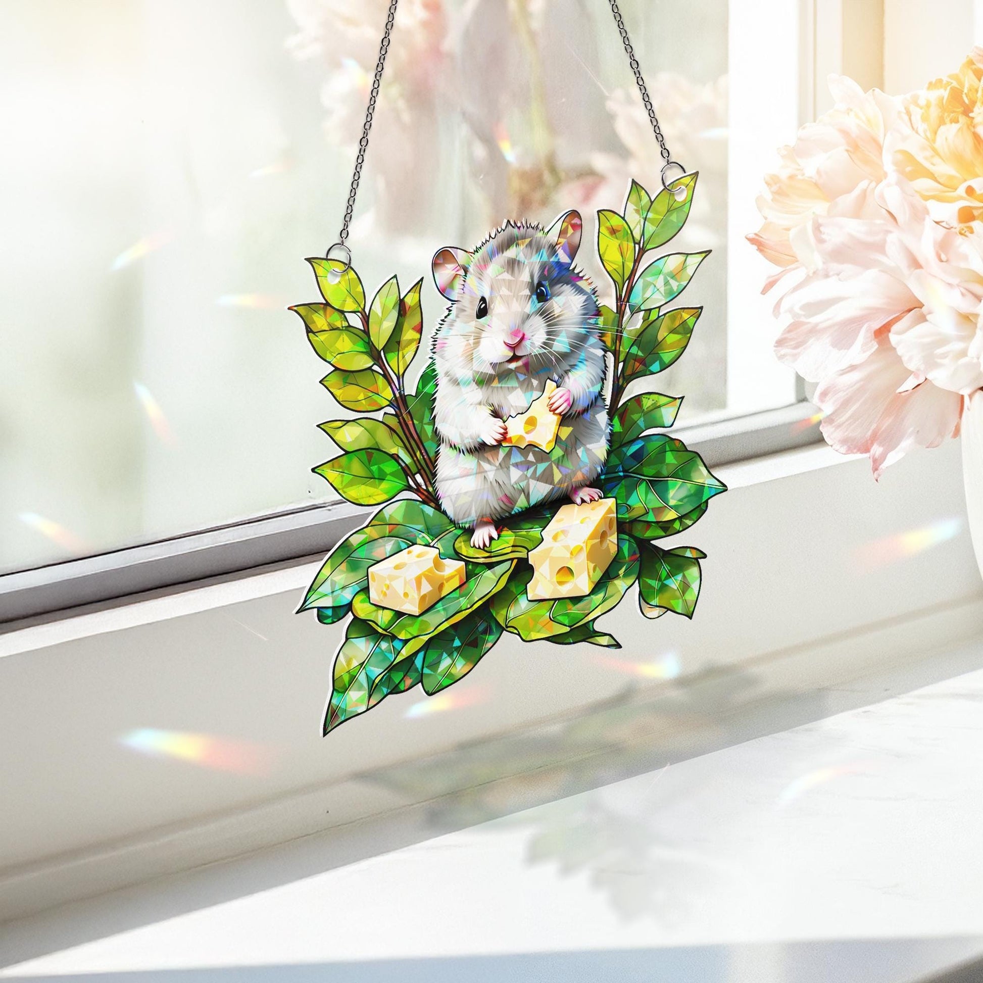 Cute Hamster Acrylic Window Hanging – Acrylic Hanging with Cheese & Leaves Design, Adorable Animal Decor for Nature, Pet Lovers