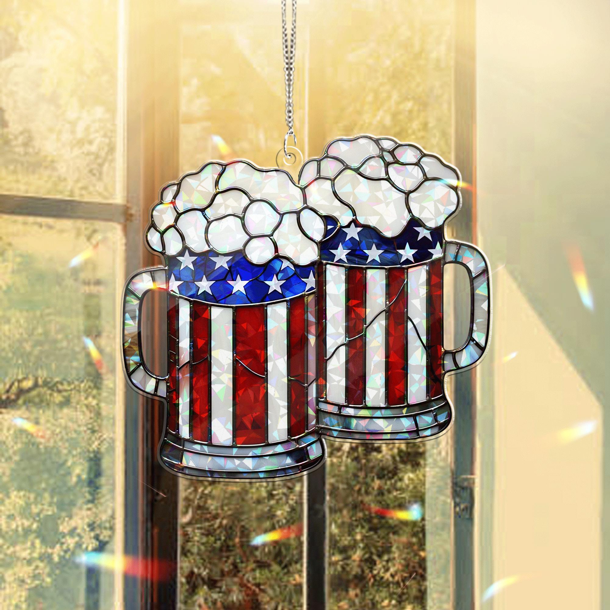 4th of July Beer Mug Acrylic Window Hanging – Patriotic Hanging with American Flag Design, Fun Summer Bar or Party Decor