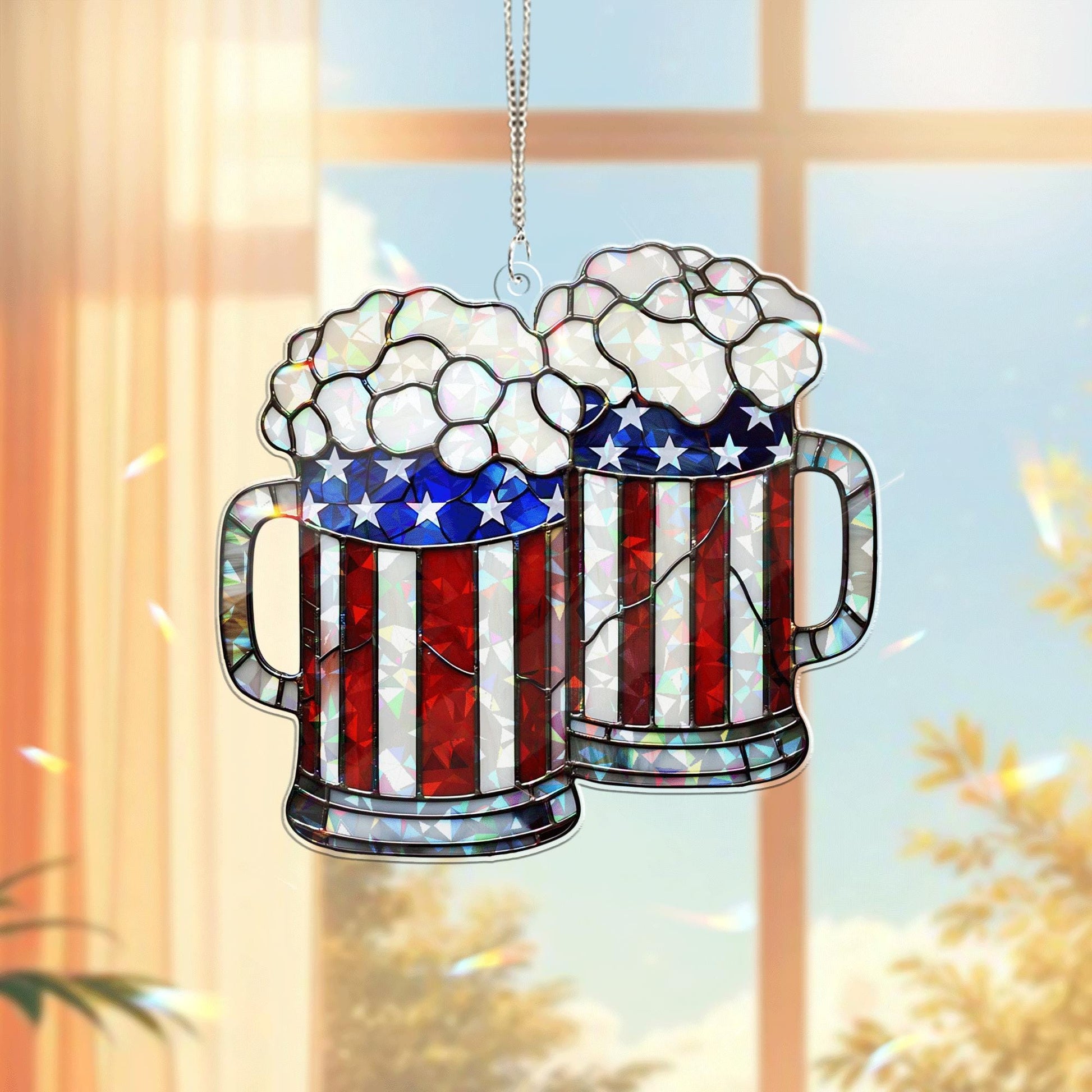 4th of July Beer Mug Acrylic Window Hanging – Patriotic Hanging with American Flag Design, Fun Summer Bar or Party Decor